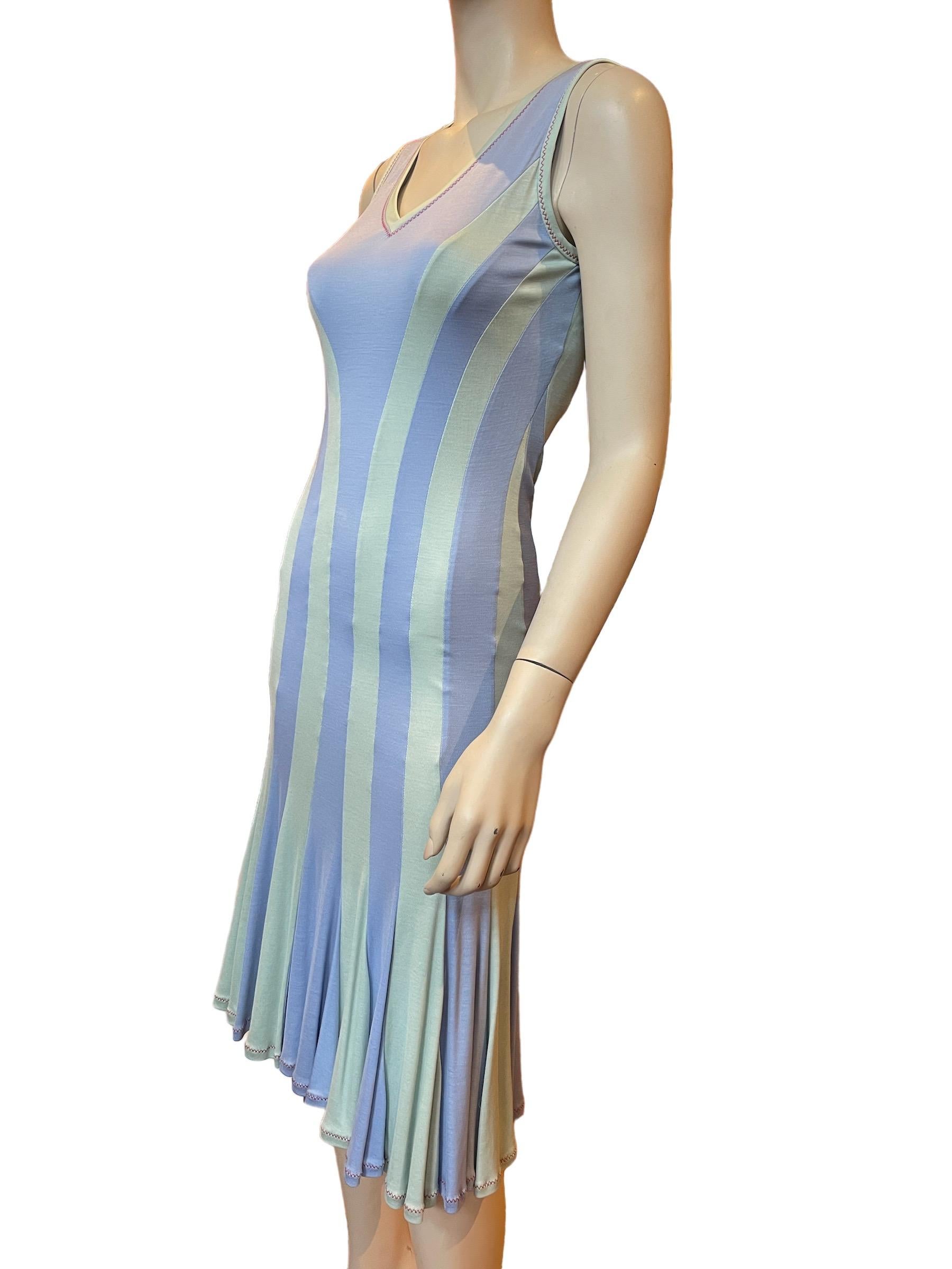 Gray Y2K Stephen Burrows Seafoam and Cornflower Blue Striped Cotton Jersey Dress  For Sale