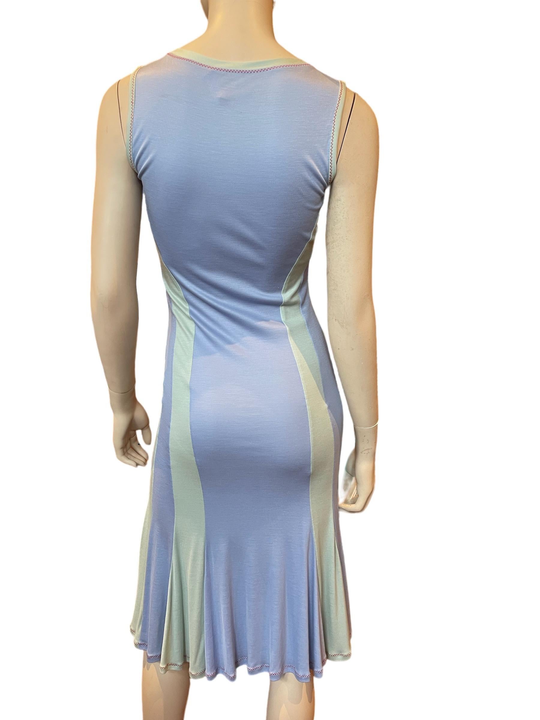 Y2K Stephen Burrows Seafoam and Cornflower Blue Striped Cotton Jersey Dress  In Good Condition For Sale In Greenport, NY