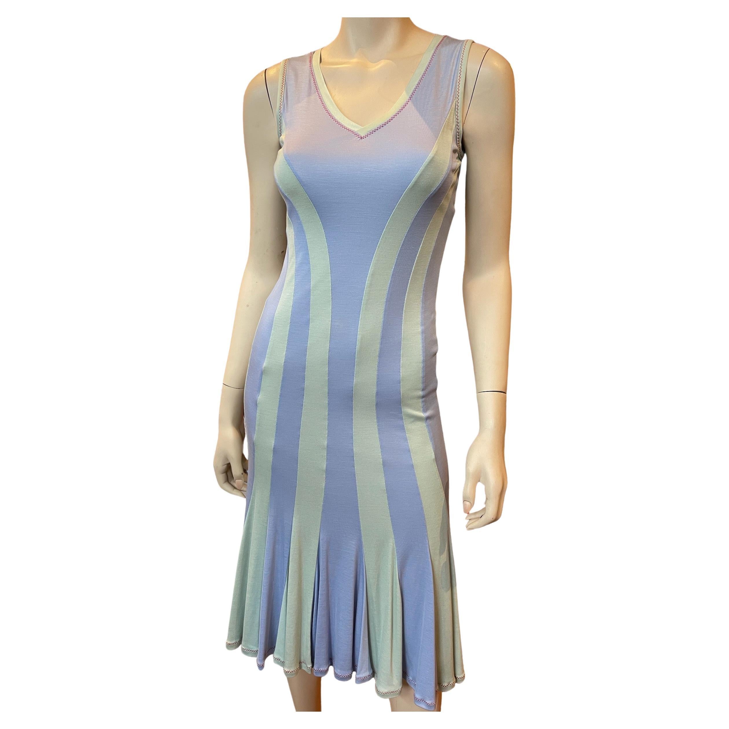Y2K Stephen Burrows Seafoam and Cornflower Blue Striped Cotton Jersey Dress  For Sale
