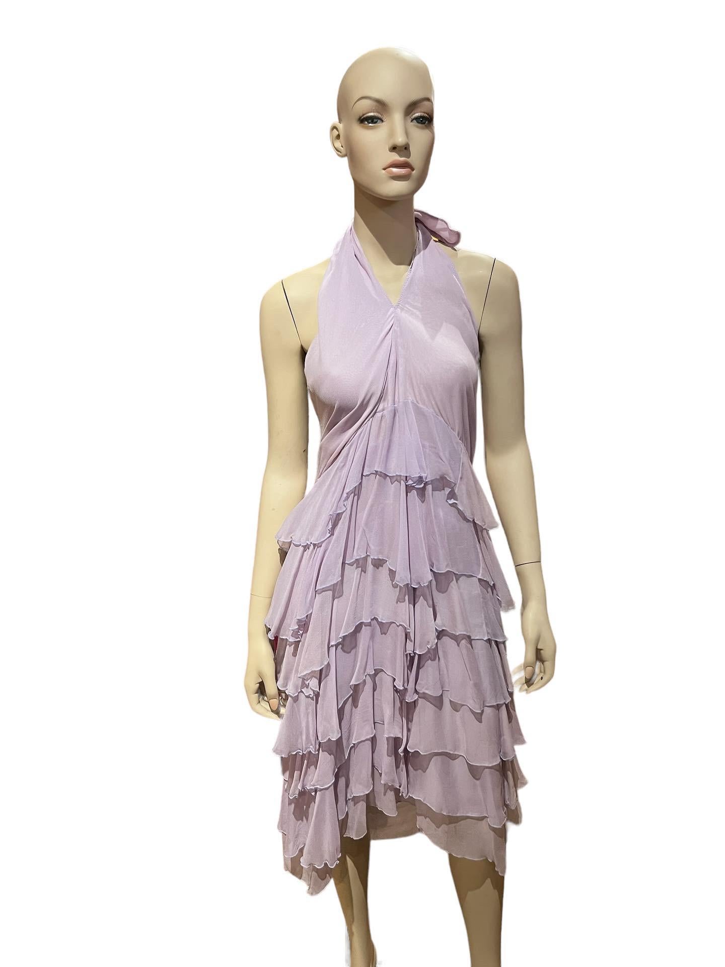 Y2K Stephen Burrows Silk Chiffon Lilac Layered Ruffled Halter Dress 

Size: Small
Bust: 32”

Stephen Burrows is an American fashion designer based in New York City, known for being one of the first African-American fashion designers to sell