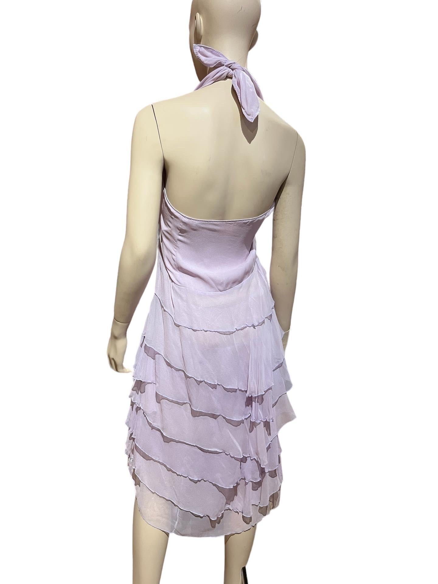 Y2K Stephen Burrows Silk Chiffon Lilac Layered Ruffled Halter Dress  In Good Condition For Sale In Greenport, NY