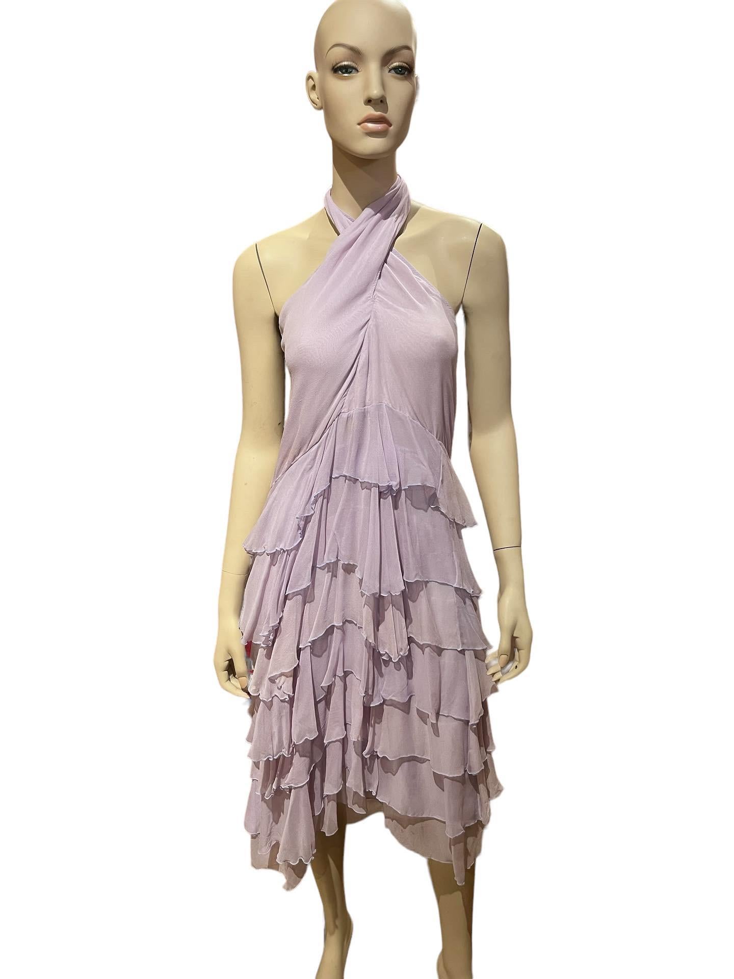 Women's Y2K Stephen Burrows Silk Chiffon Lilac Layered Ruffled Halter Dress  For Sale