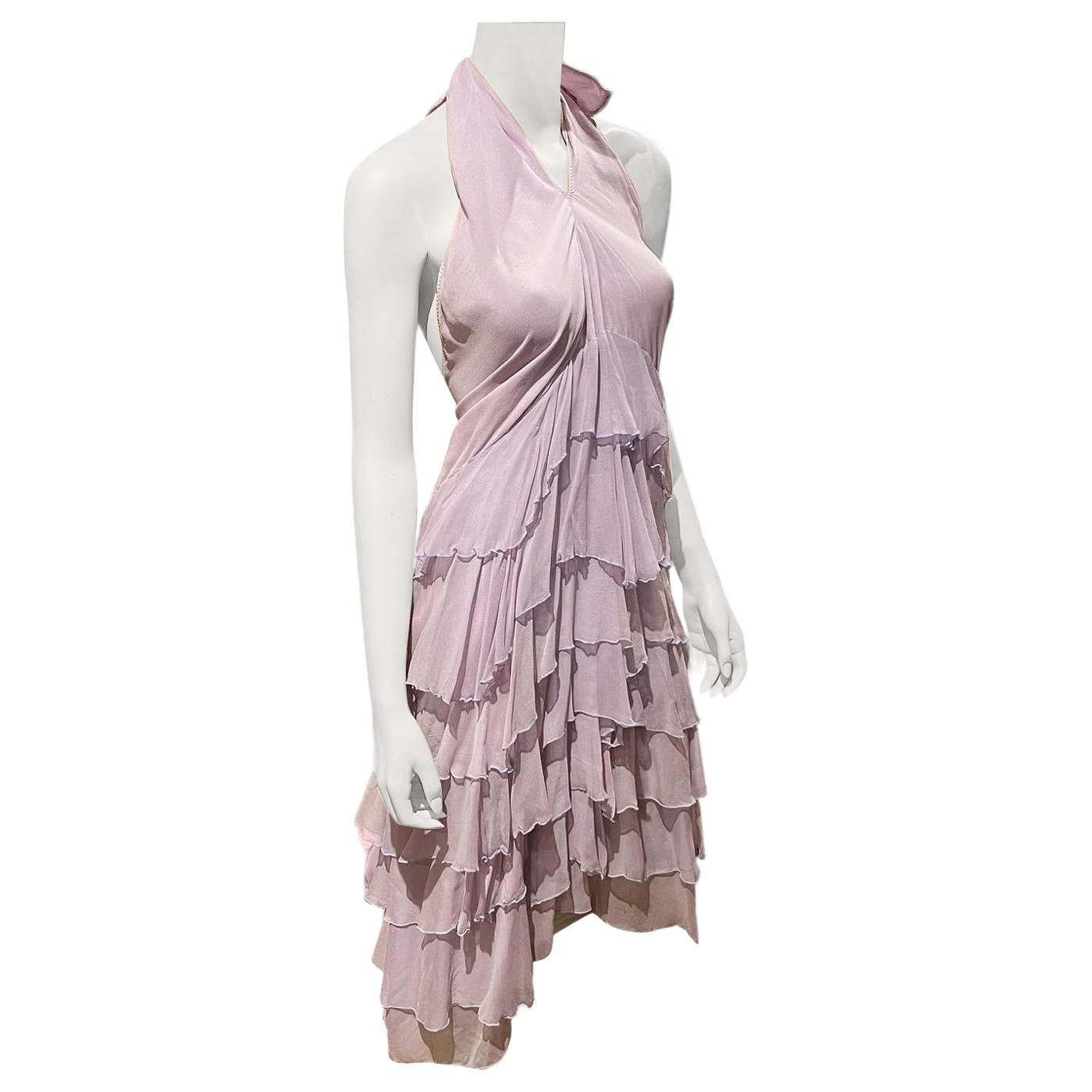 Y2K Stephen Burrows Vestido halter de gasa de seda lila con capas y volantes