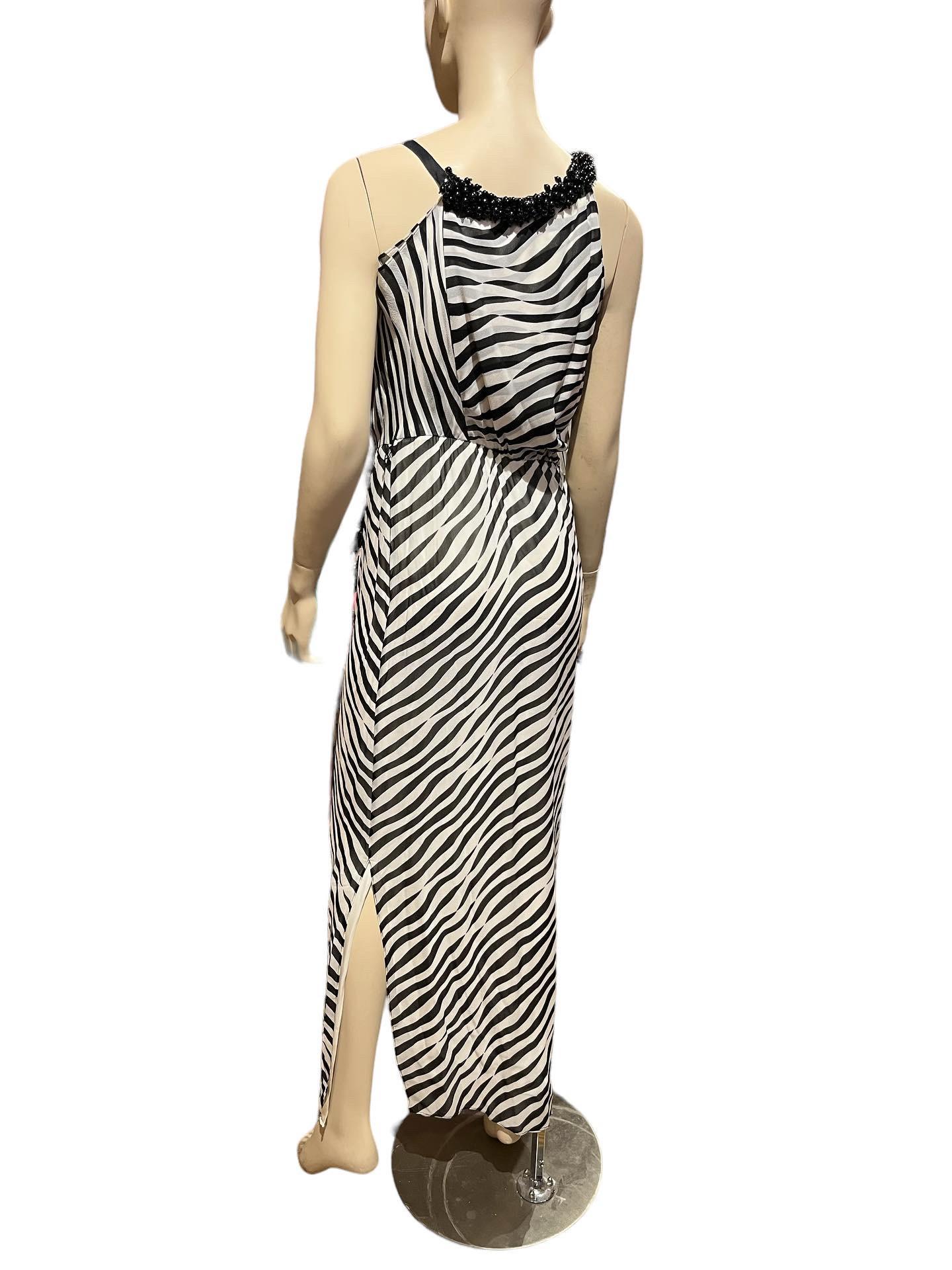 Gray Y2k Stephen Burrows Zebra Stripe Silk Chiffon Gown with Beaded Asym Neckline  For Sale