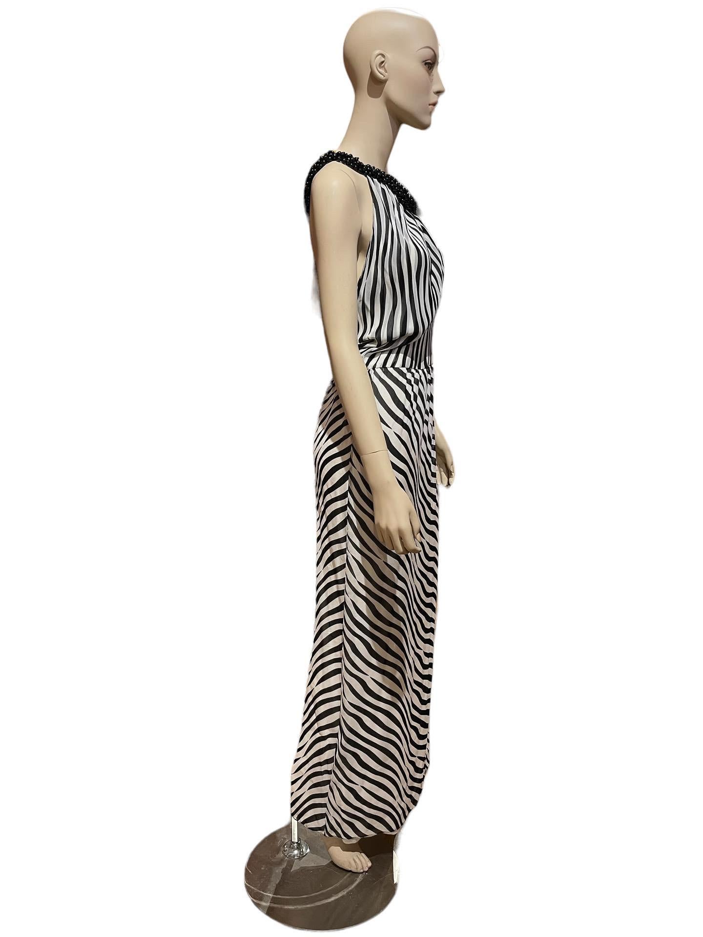 Y2k Stephen Burrows Zebra Stripe Silk Chiffon Gown with Beaded Asym Neckline  In Good Condition For Sale In Greenport, NY