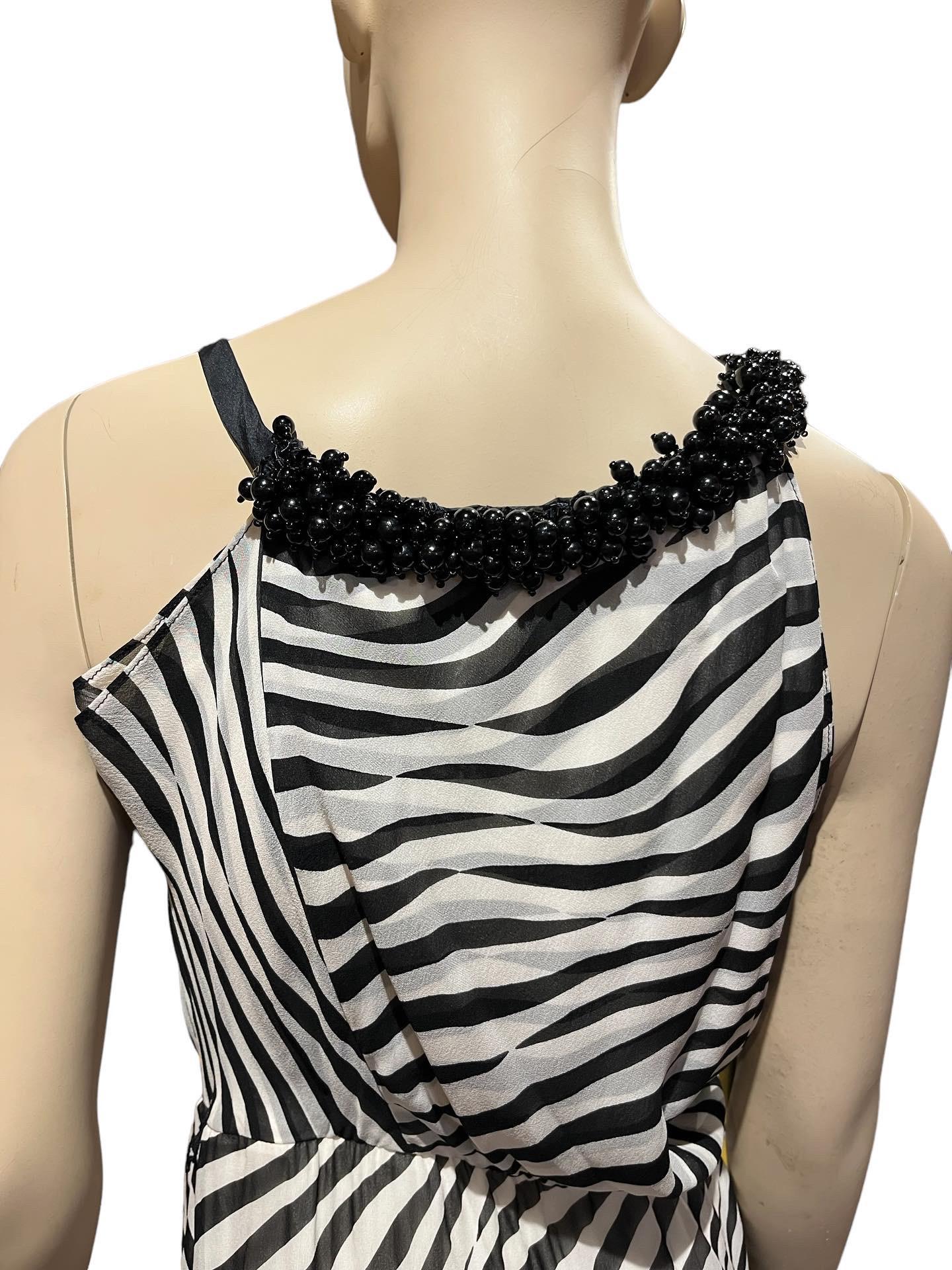 Women's or Men's Y2k Stephen Burrows Zebra Stripe Silk Chiffon Gown with Beaded Asym Neckline  For Sale