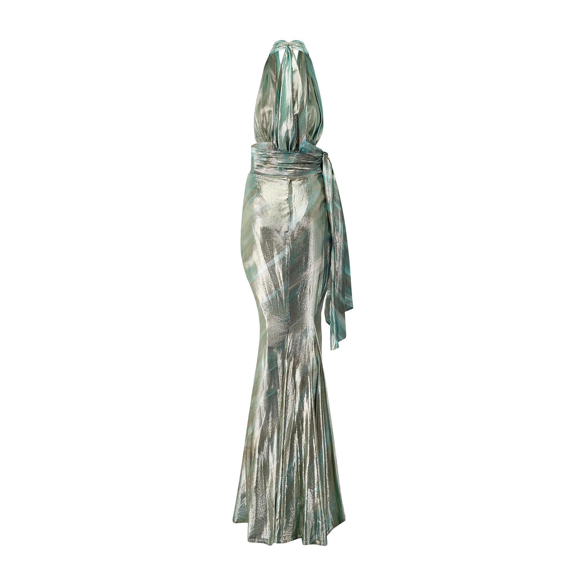 Gray Y2K Thierry Mugler Couture Aqua Lamé Halter Top and Skirt For Sale