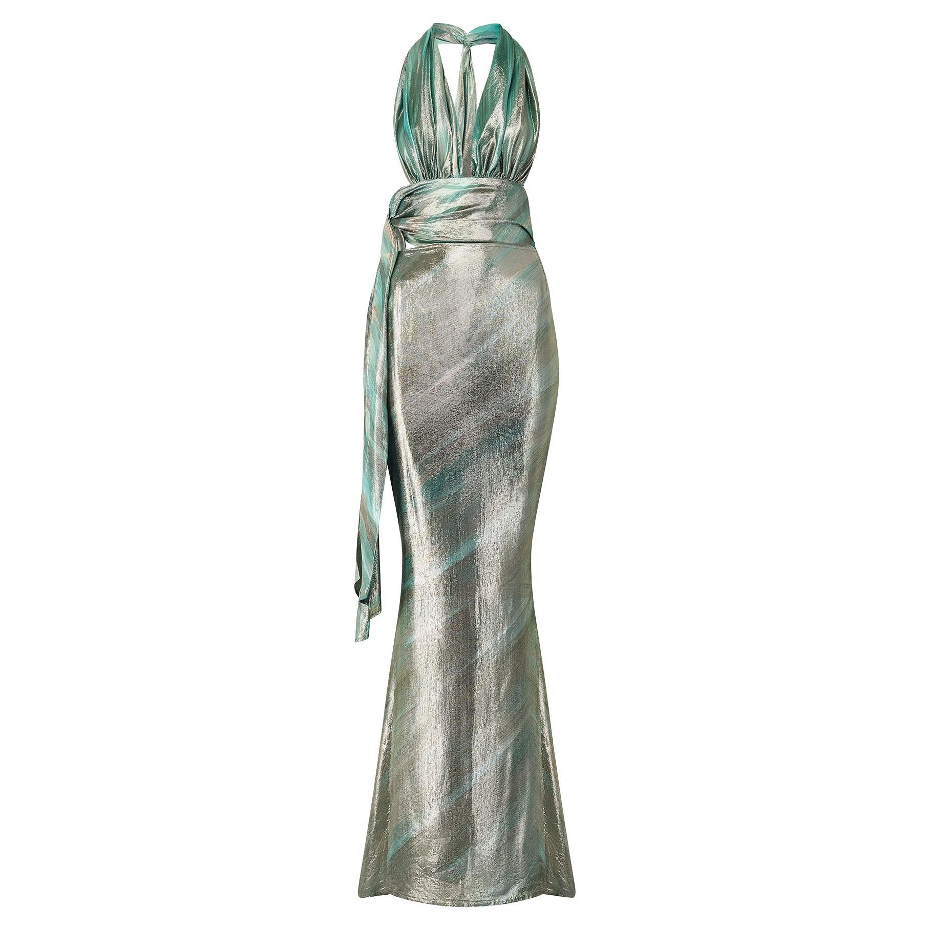 Y2K Thierry Mugler Couture Aqua Lamé Halter Top and Skirt For Sale