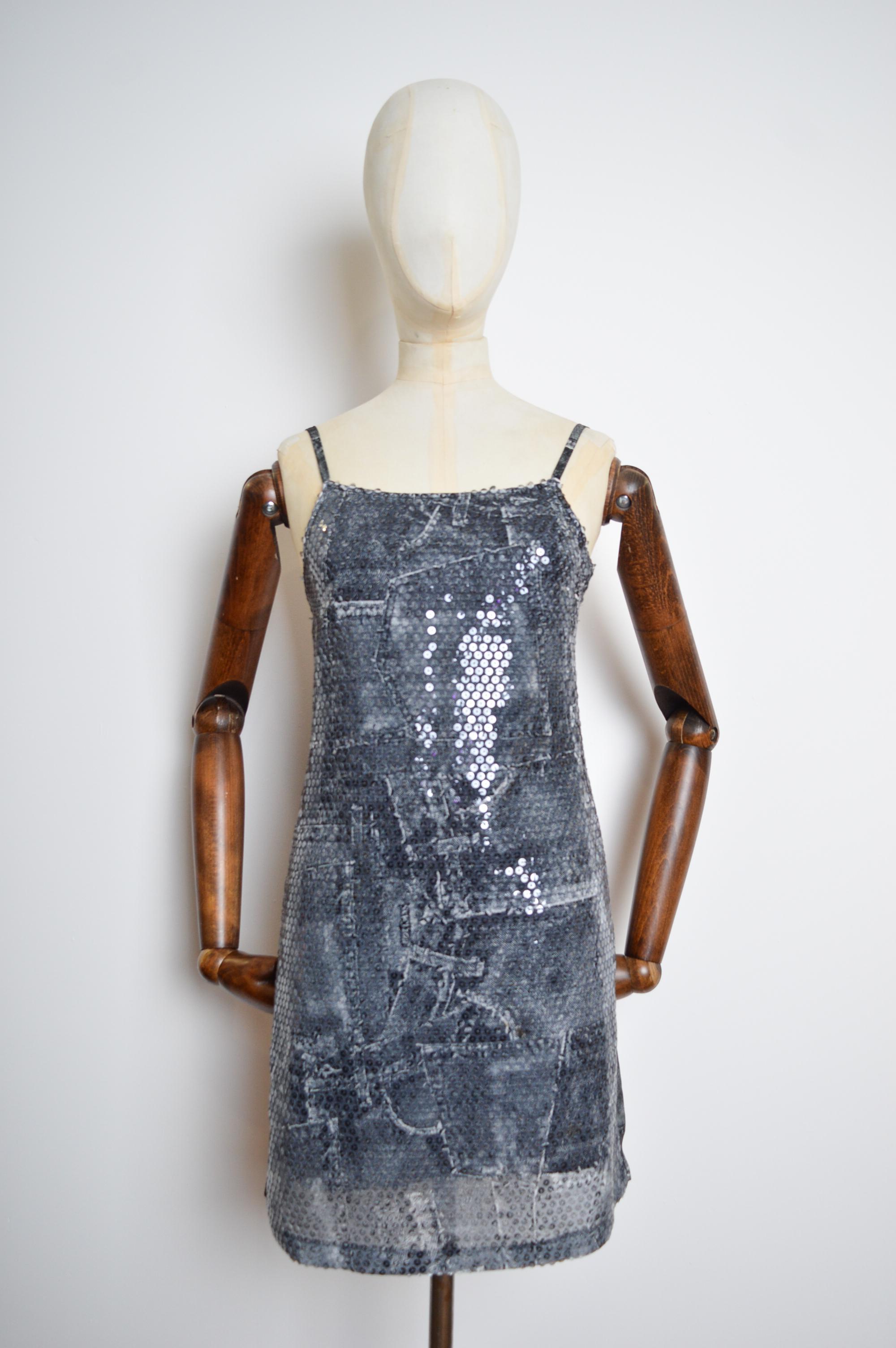 Y2k Trompe L'oeuil VERSACE Denim Print Sequin Patterned Strappy Slip Mini Dress For Sale 6