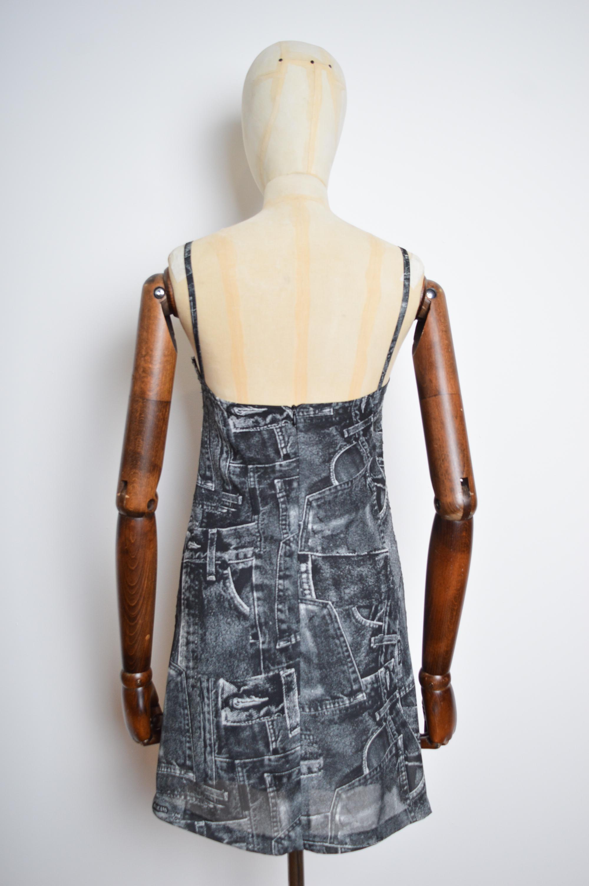 Women's or Men's Y2k Trompe L'oeuil VERSACE Denim Print Sequin Patterned Strappy Slip Mini Dress For Sale