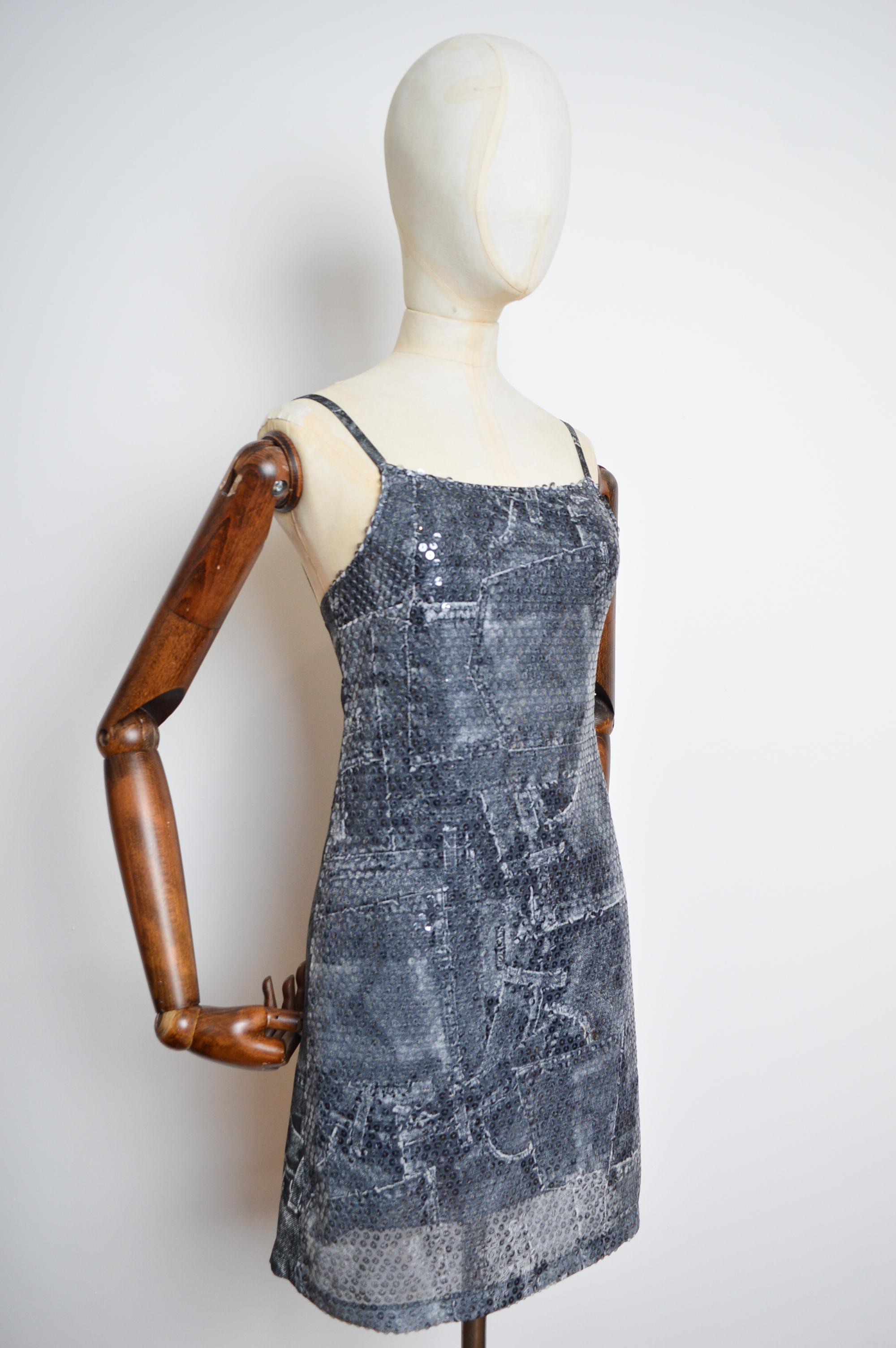 Y2k Trompe L'oeuil VERSACE Denim Print Sequin Patterned Strappy Slip Mini Dress For Sale 1