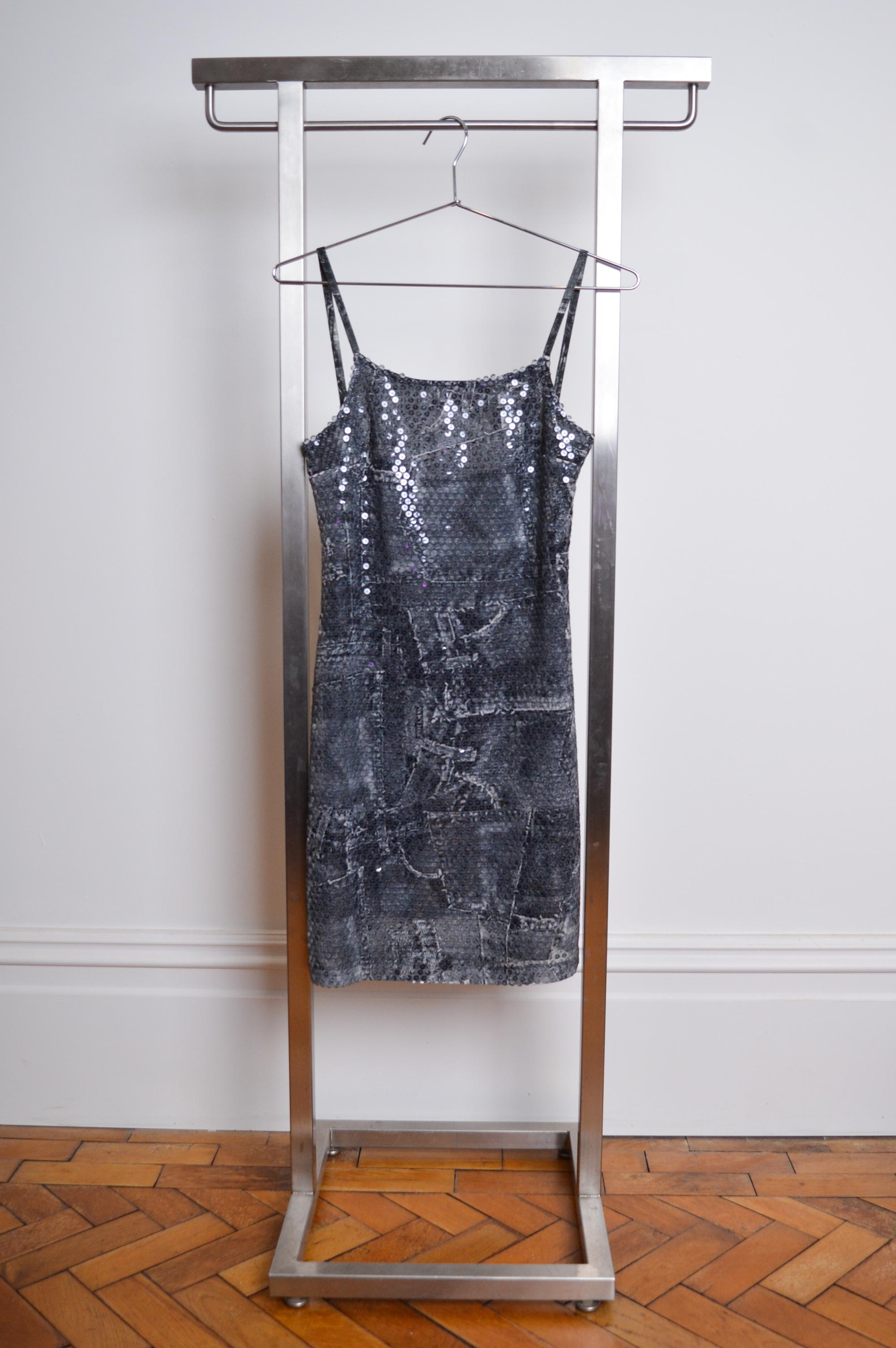 Y2k Trompe L'oeuil VERSACE Denim Print Sequin Patterned Strappy Slip Mini Dress For Sale 2