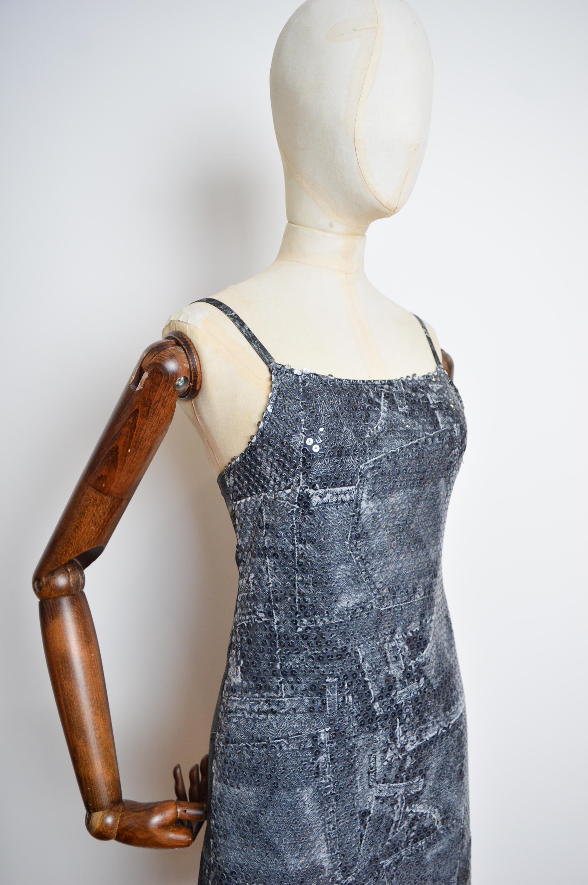 Y2k Trompe L'oeuil VERSACE Denim Print Sequin Patterned Strappy Slip Mini Dress For Sale 3