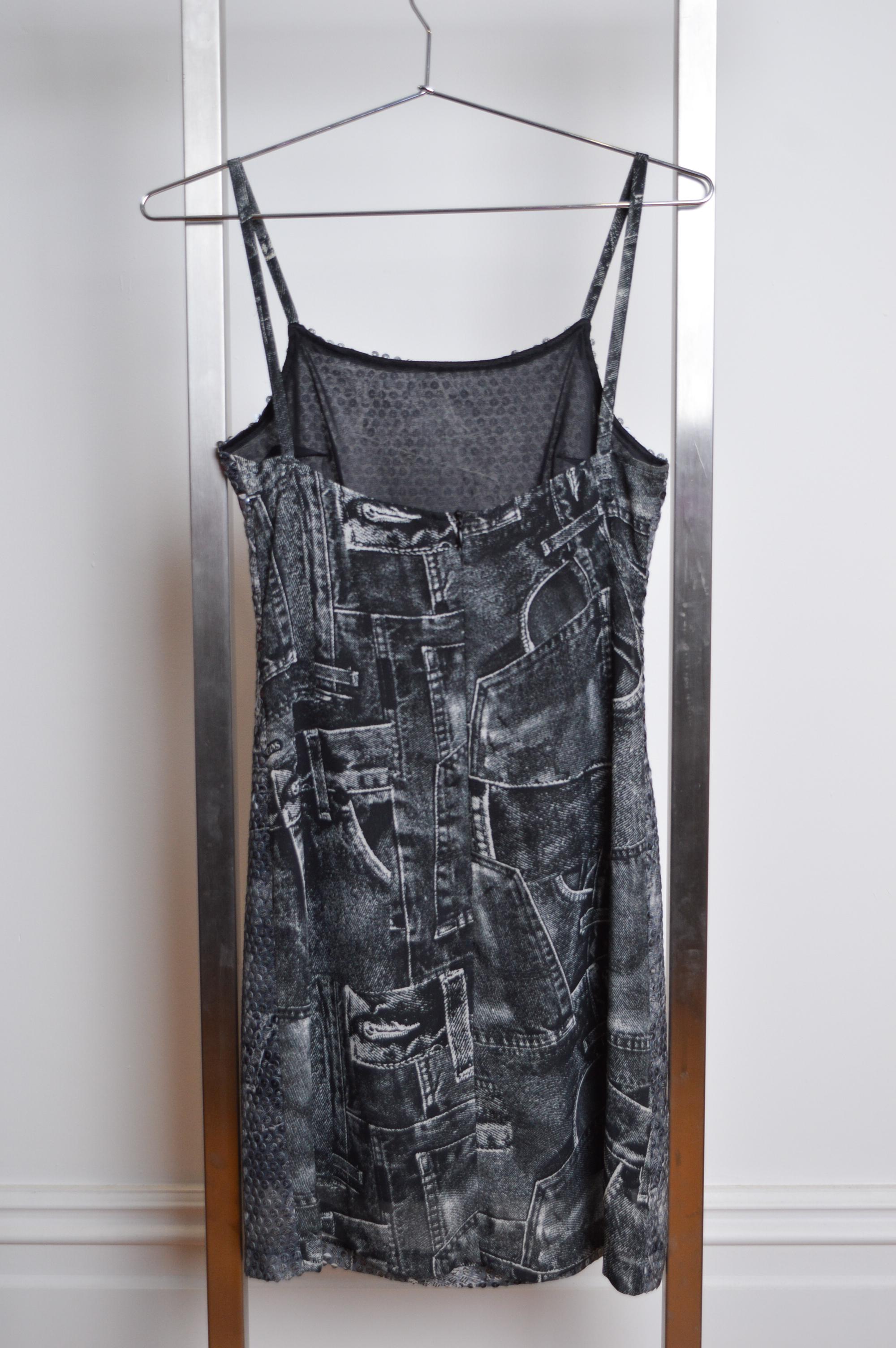 Y2k Trompe L'oeuil VERSACE Denim Print Sequin Patterned Strappy Slip Mini Dress For Sale 4