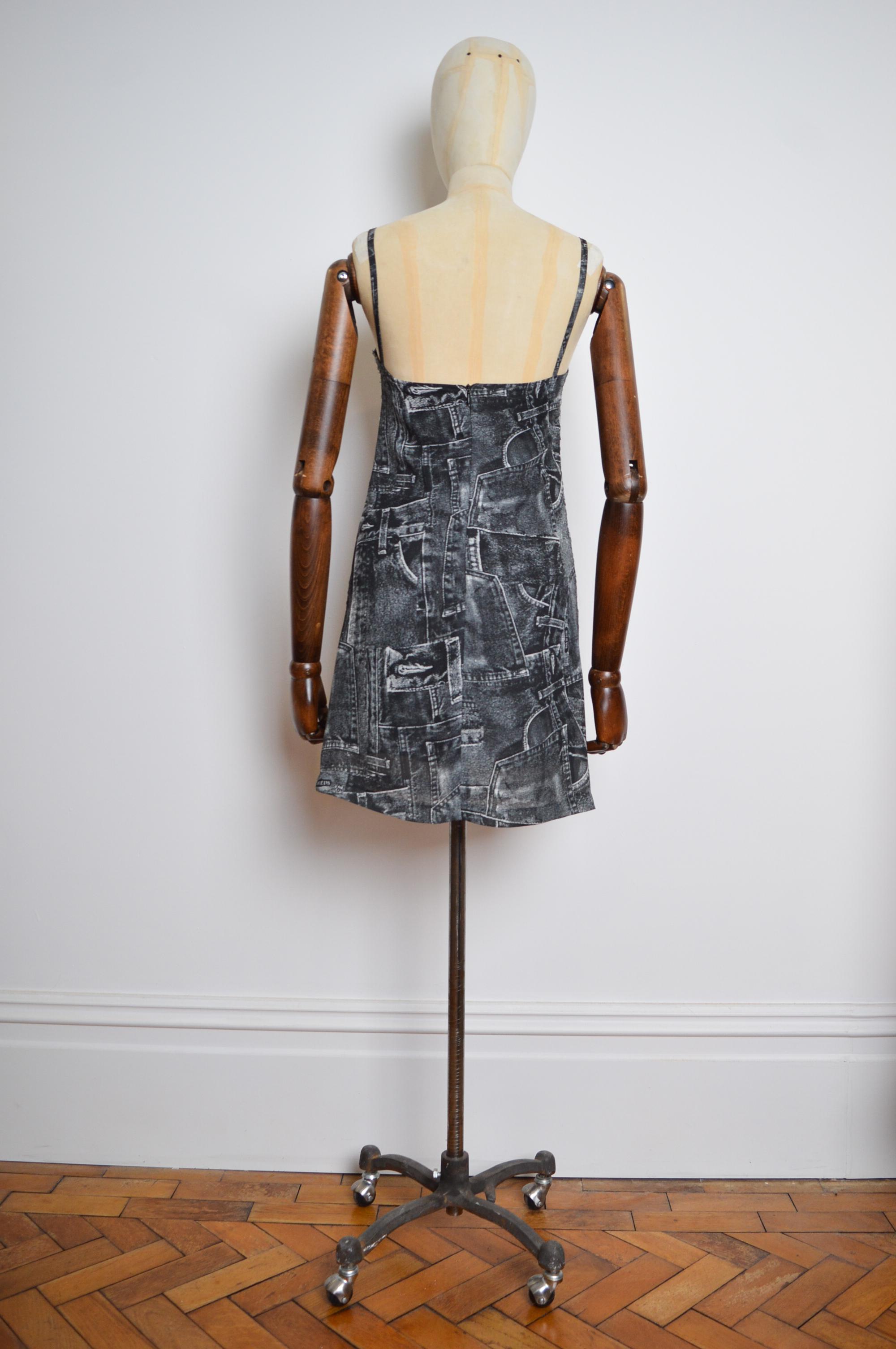 Y2k Trompe L'oeuil VERSACE Denim Print Sequin Patterned Strappy Slip Mini Dress For Sale 5