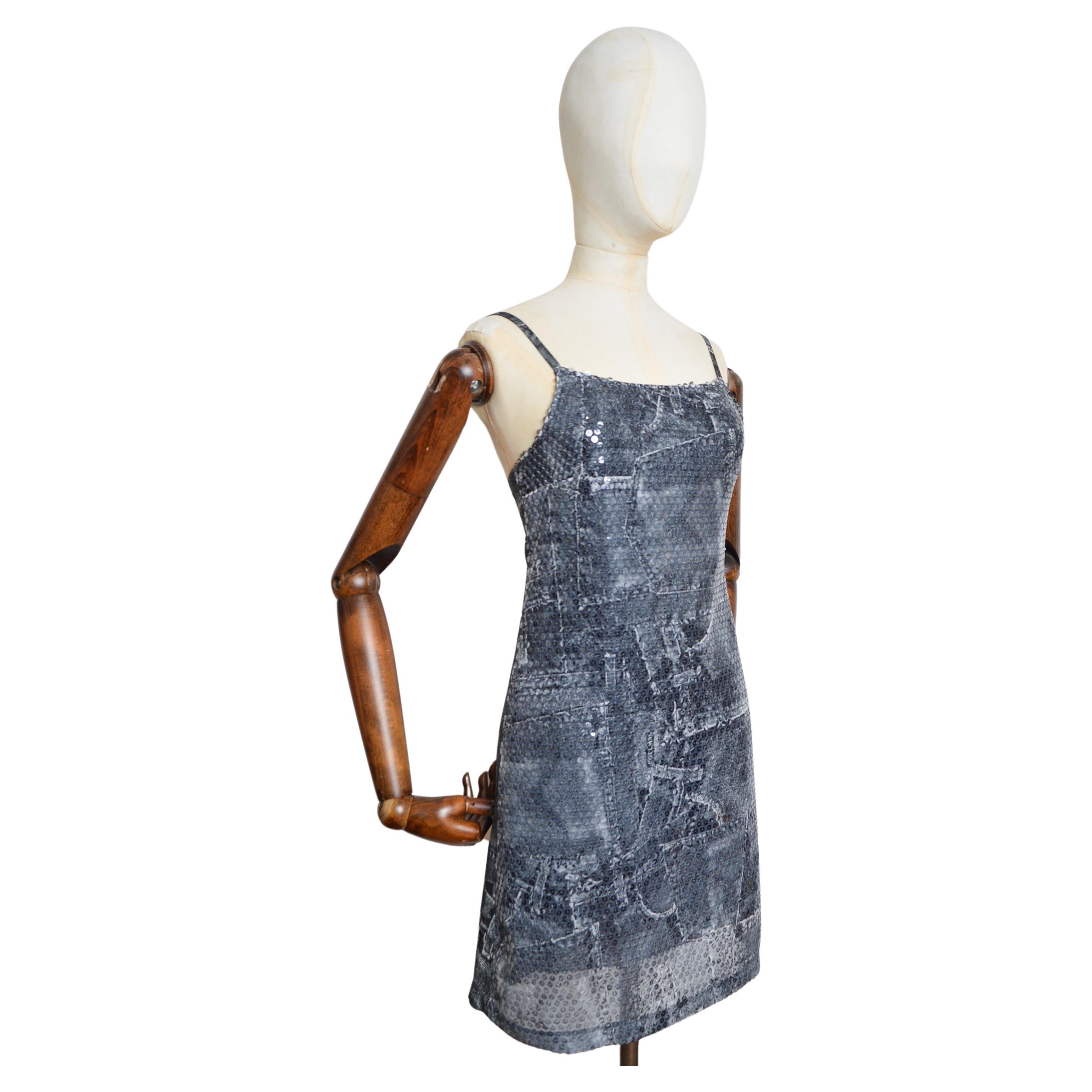 Y2k Trompe L'oeuil VERSACE Denim Print Sequin Patterned Strappy Slip Mini Dress For Sale