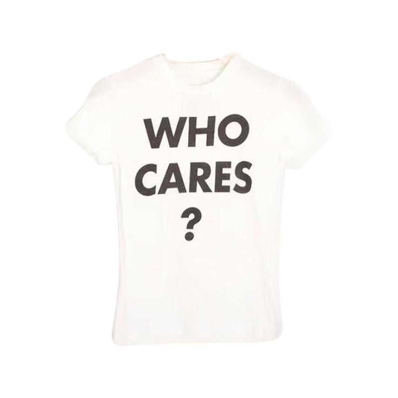 Y2k White Moschino 'Who Cares' Baby Tee Vintage 2000's Slogan T Shirt For Sale