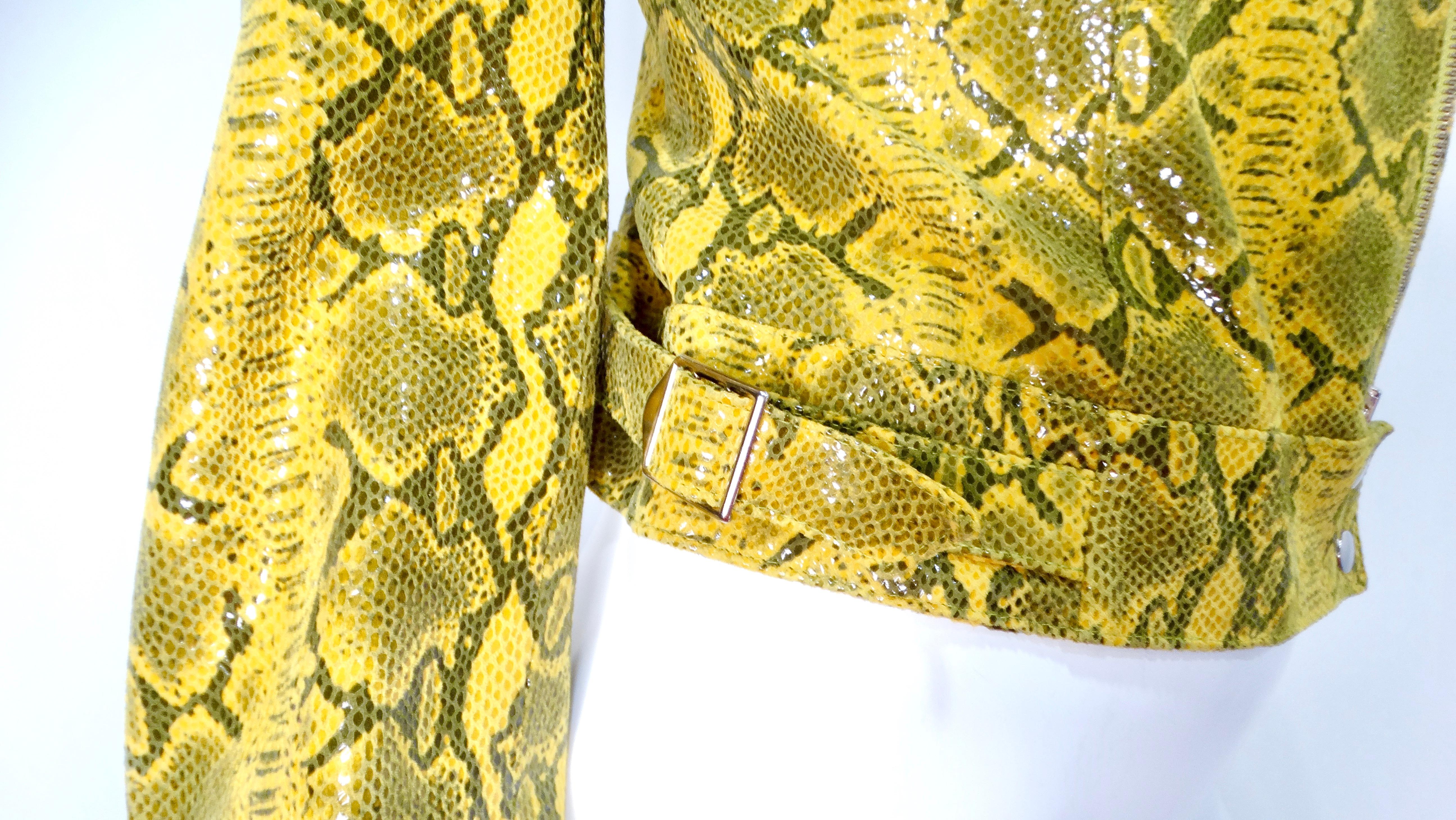 Y2k Yellow Python-Print Suede Biker Style Jacket In Good Condition In Scottsdale, AZ