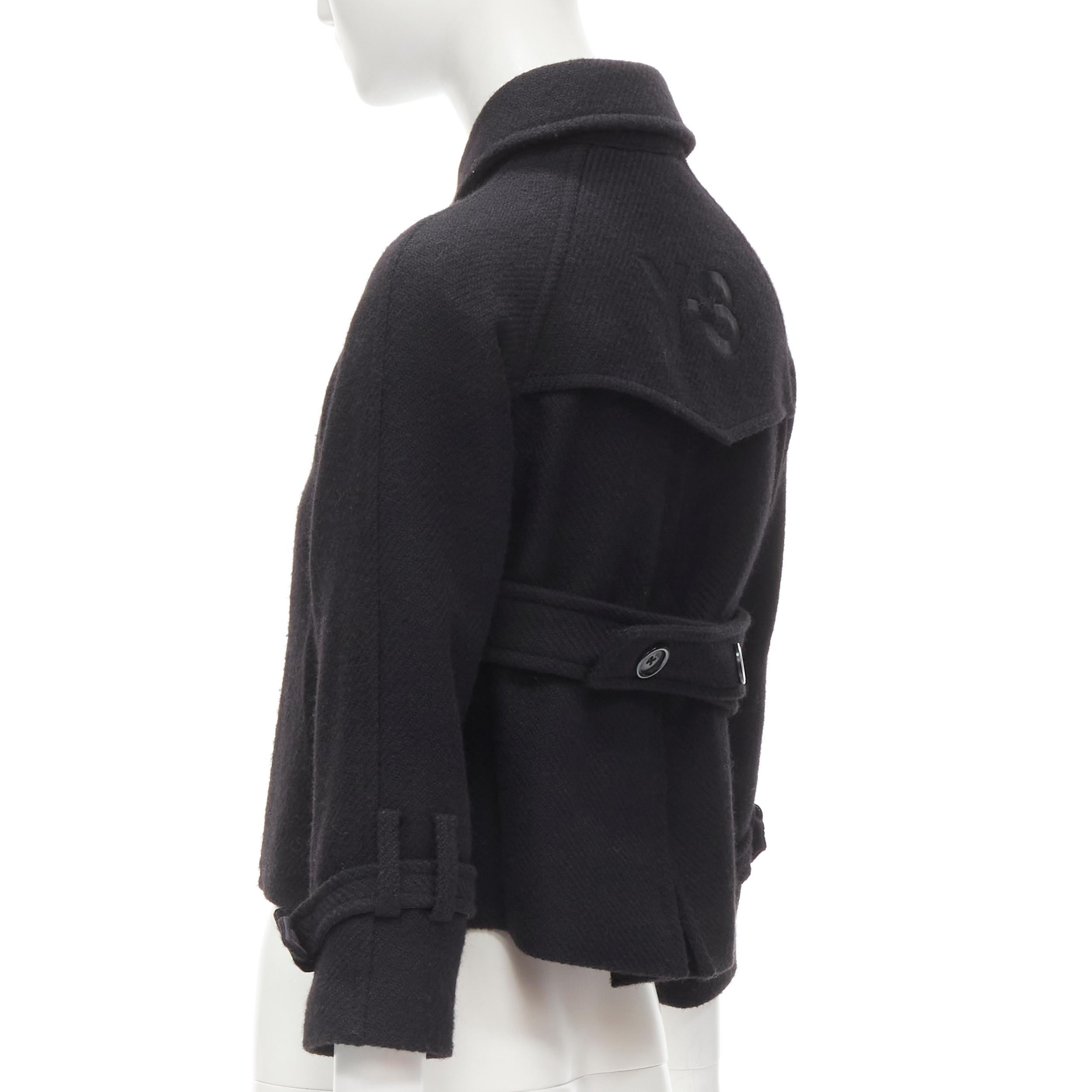 Y3 YOHJI YAMAMOTO ADIDAS black wool double breasted flared capelet trench XS For Sale 2