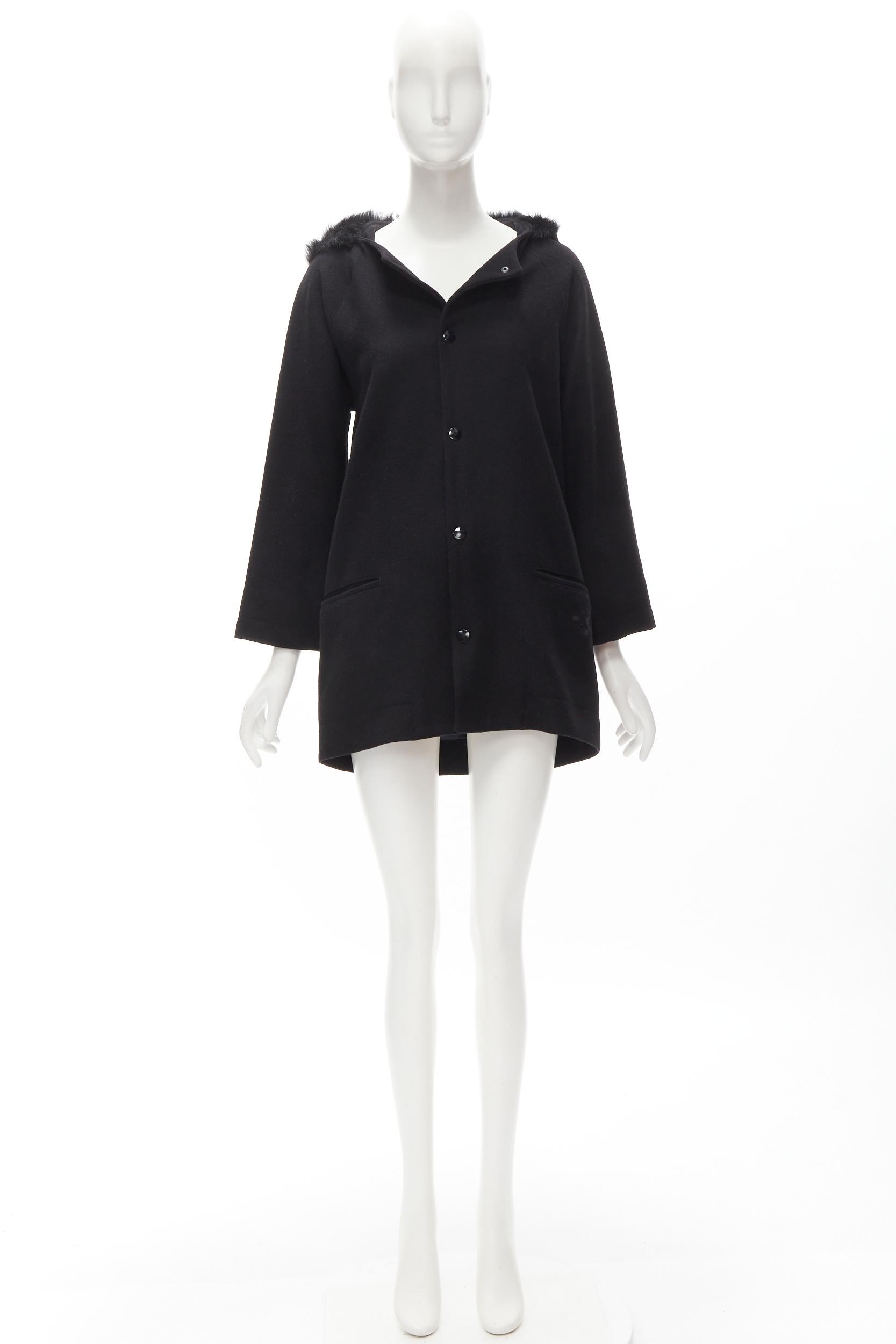 Y3 YOHJI YAMAMOTO ADIDAS black wool fur lined hood cocoon coat XS For Sale 6