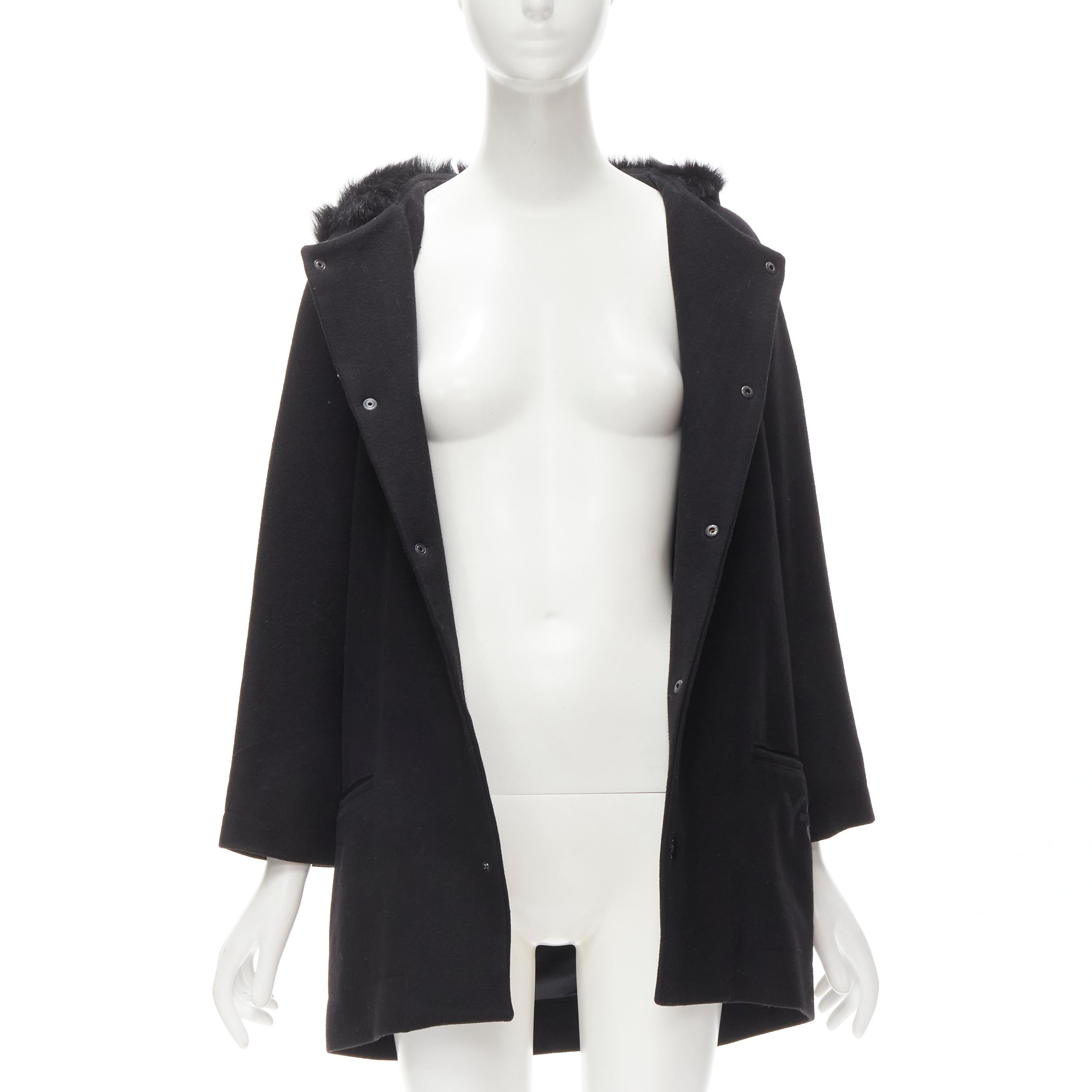 Black Y3 YOHJI YAMAMOTO ADIDAS black wool fur lined hood cocoon coat XS For Sale
