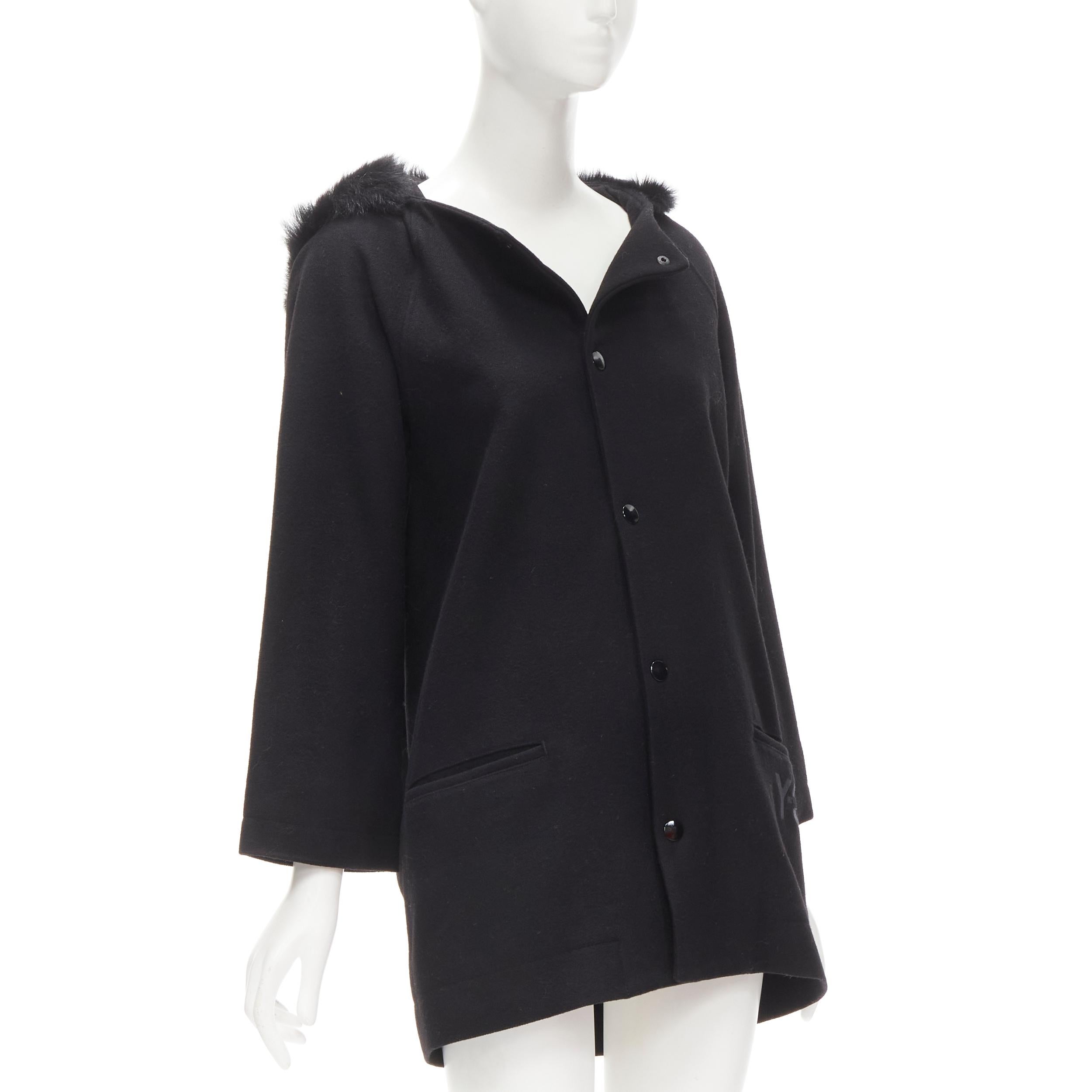 Y3 YOHJI YAMAMOTO ADIDAS black wool fur lined hood cocoon coat XS In Excellent Condition For Sale In Hong Kong, NT
