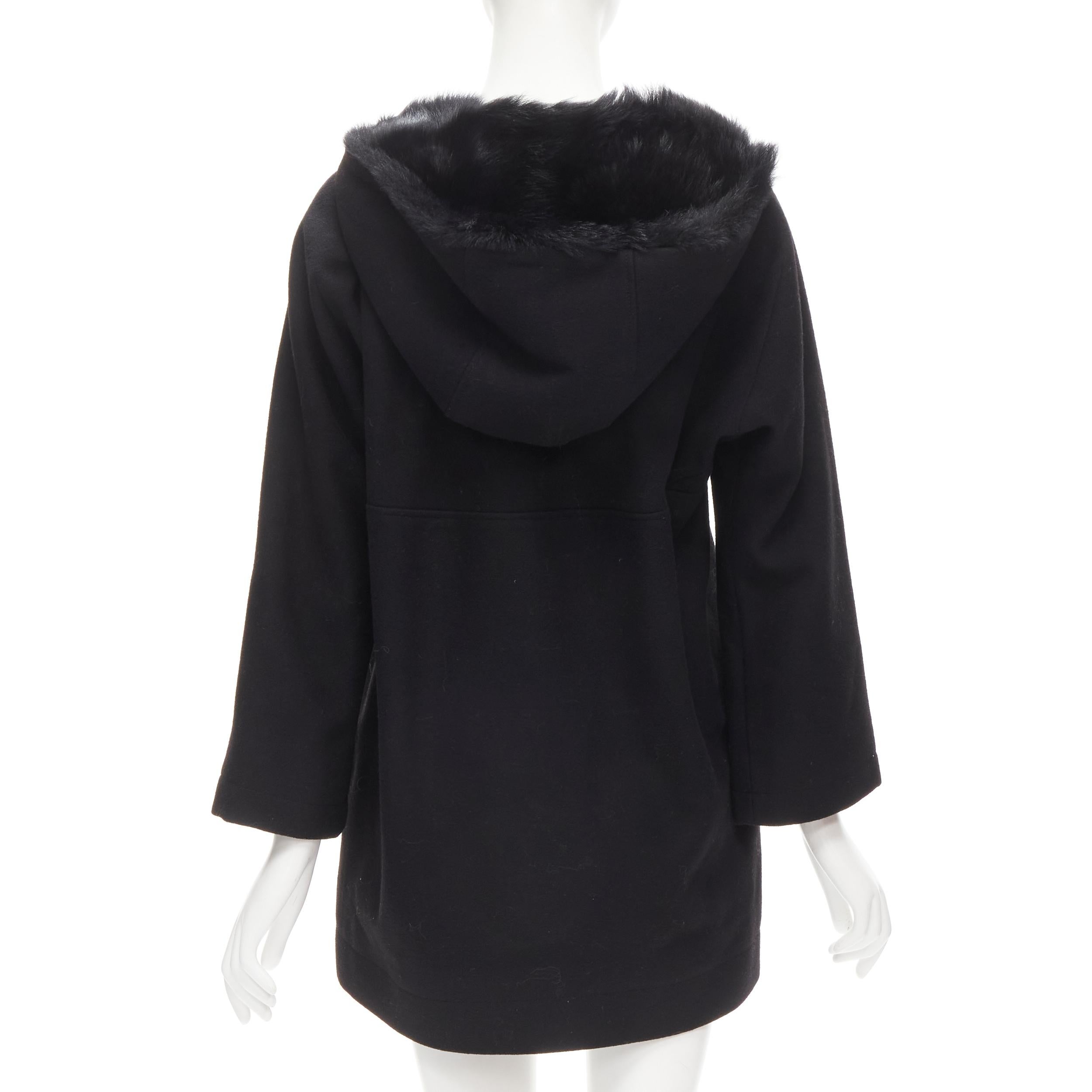 Y3 YOHJI YAMAMOTO ADIDAS black wool fur lined hood cocoon coat XS For Sale 1
