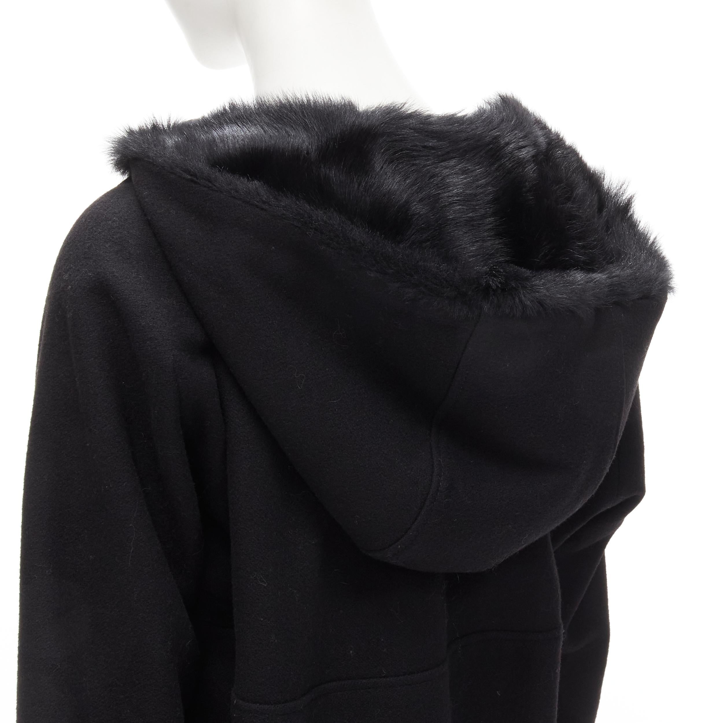 Y3 YOHJI YAMAMOTO ADIDAS black wool fur lined hood cocoon coat XS For Sale 3