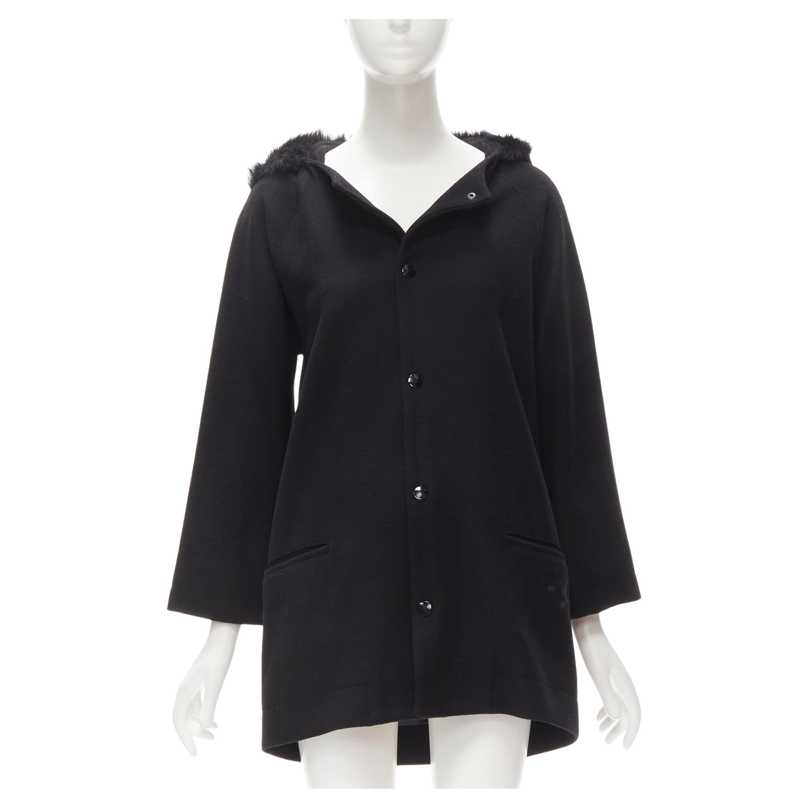 Y3 YOHJI YAMAMOTO ADIDAS black wool fur lined hood cocoon coat XS For Sale