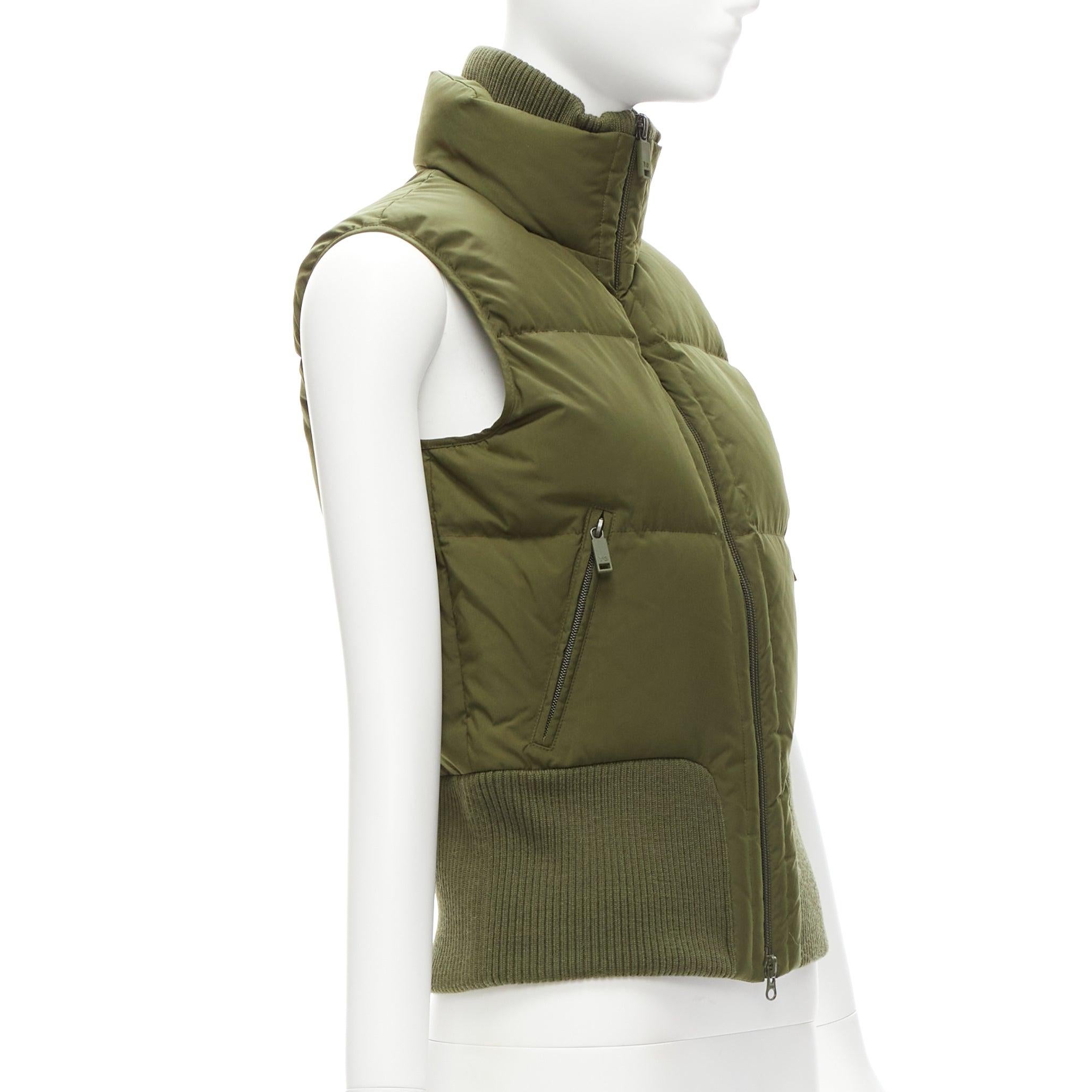 Brown Y3 YOHJI YAMAMOTO green nylon logo high neck cropped zip puffer vest XS For Sale