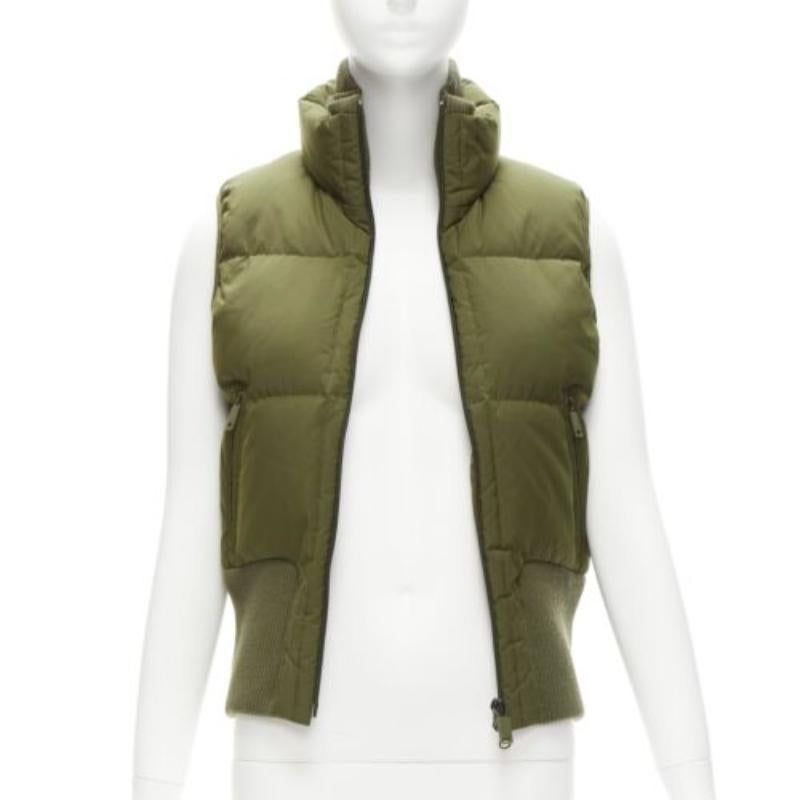 Brown Y3 YOHJI YAMAMOTO green nylon logo high neck cropped zip puffer vest XS For Sale
