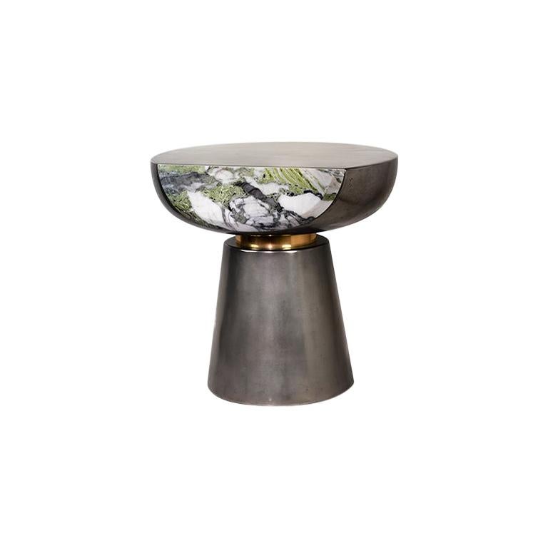 Ya Yo Aluminum and Marble Cocktail Side Pedestal Table with Brass Collar Detail For Sale