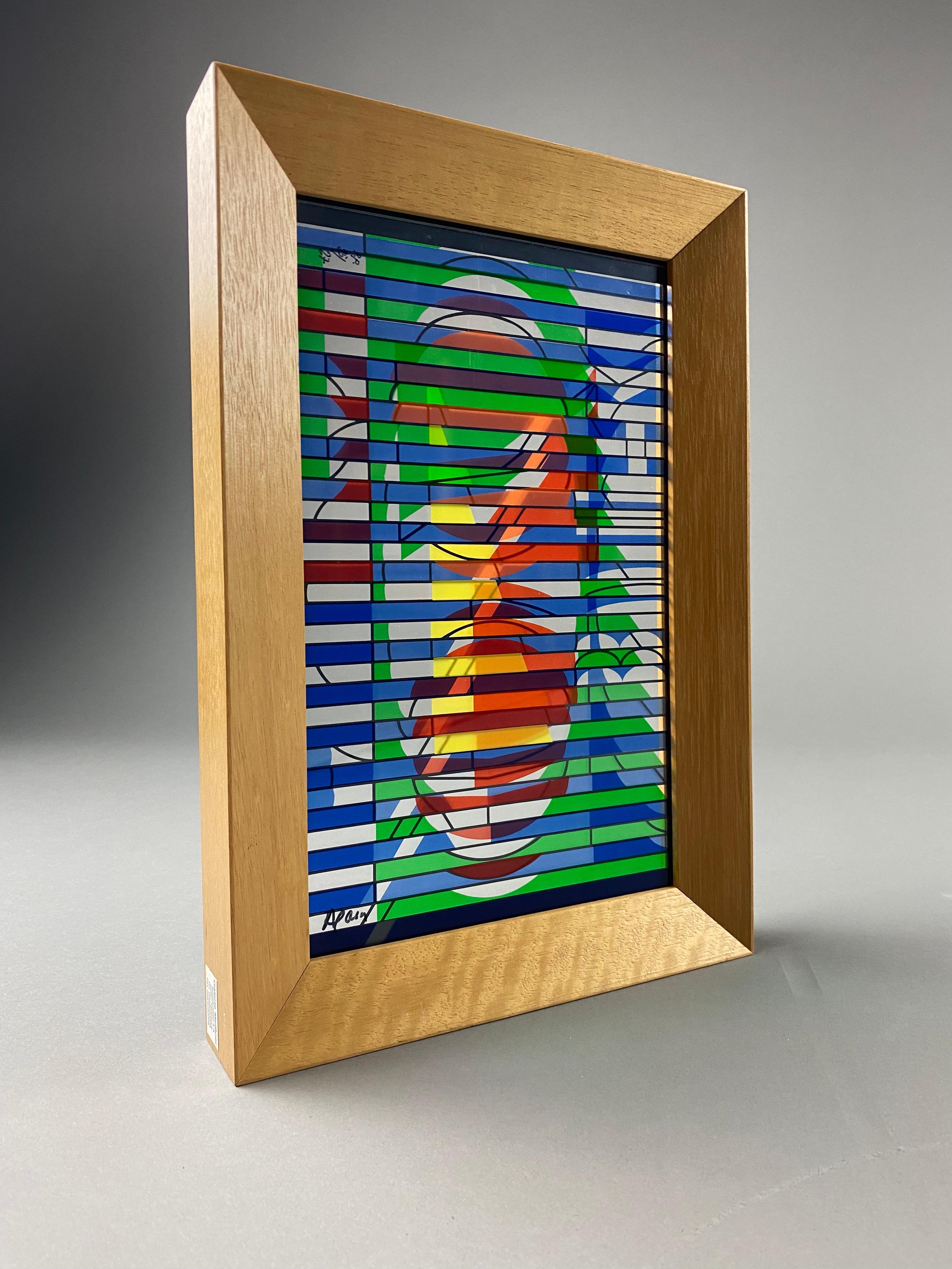 Art Yaacov Agam
Signed and numbered 25/27 from the Meissner Galerie in Hamburg
Measurements: H 33 x W 23 x D 4 cm.
Agam's first solo exhibition was at the Galerie Craven, Paris, in 1953, and he exhibited three works at the 1954 Salon des Réalités
