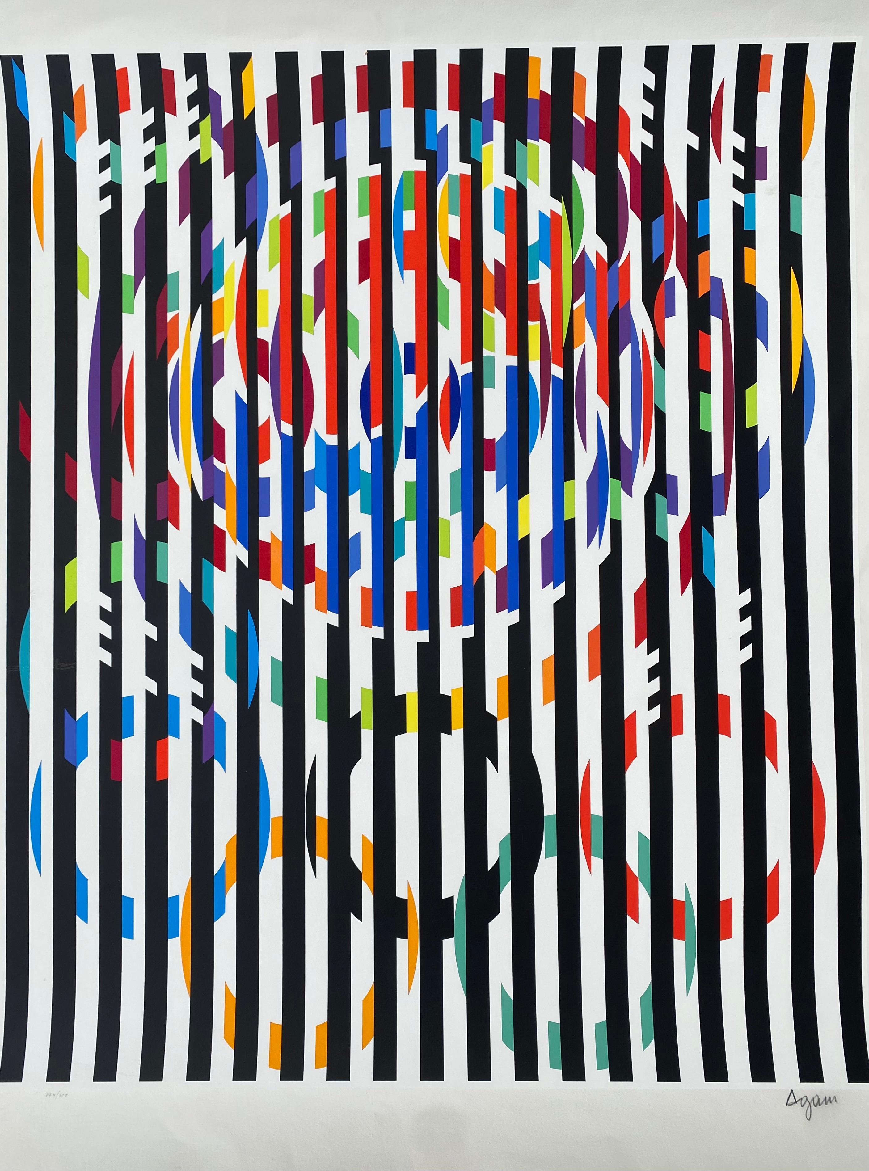 Yaacov Agam. ''Message de paix''
1988
Sérigraphie signée au crayon par l'artiste
Numéroté sur 300 exemplaires
Taille de l'œuvre : 101,5 x 78 cm
Taille de l'image : 89 x 74,5 cm
Parfait état
Prix : 2400 € pour ce travail.