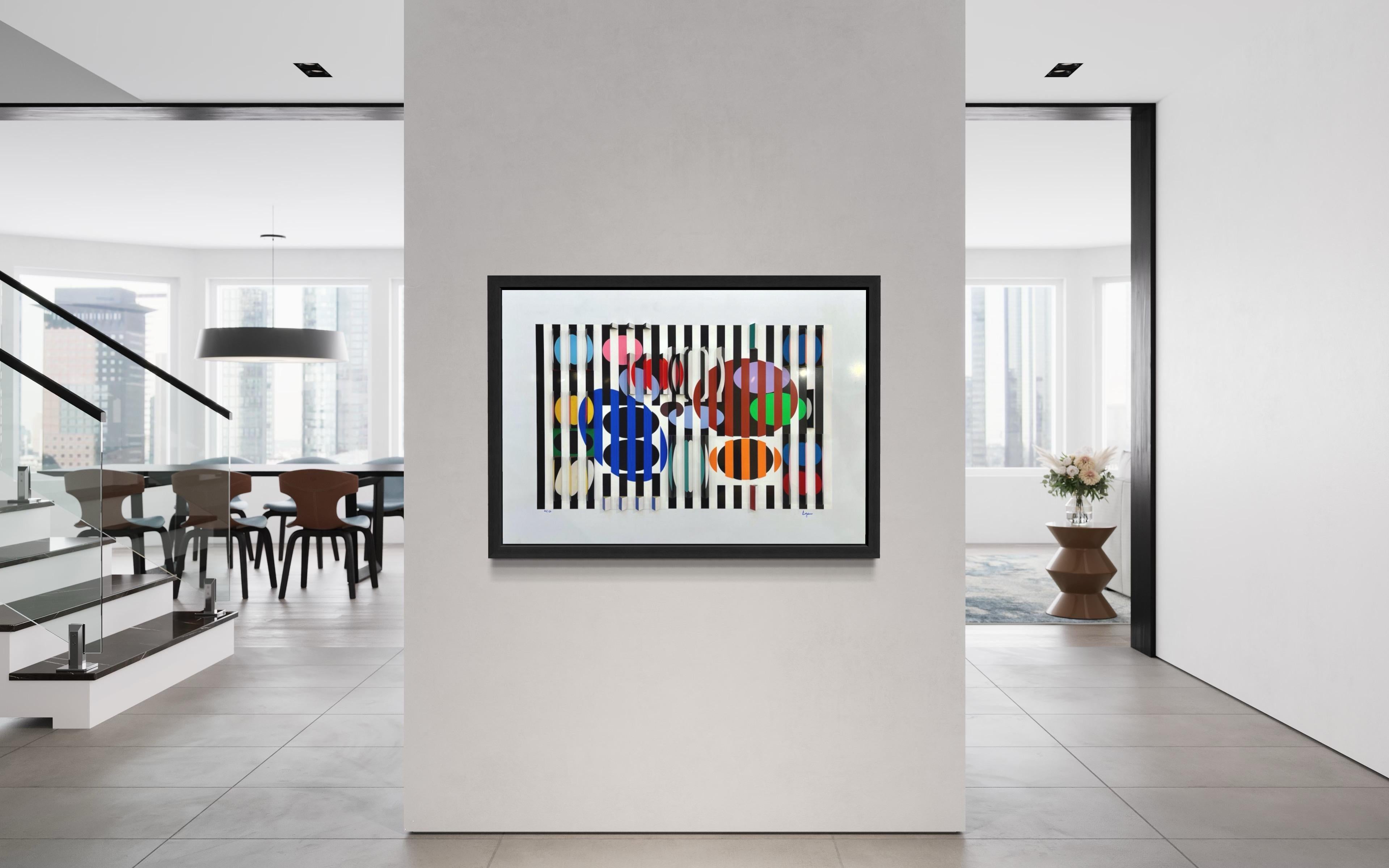 3D Kinetic work by Yaacov Agam.
Homage to Einstein’s Time Formula. First viewing the work in 2D from the front, the viewer is then exposed to a third dimension as he moves.
Signed by the artist, edition of 150