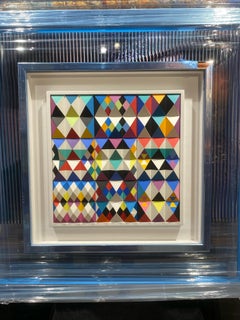 Œuvre d'art cinétique et colorée en relief sur PVC, présentée dans un coffret en verre acrylique, par Yaacov Agam