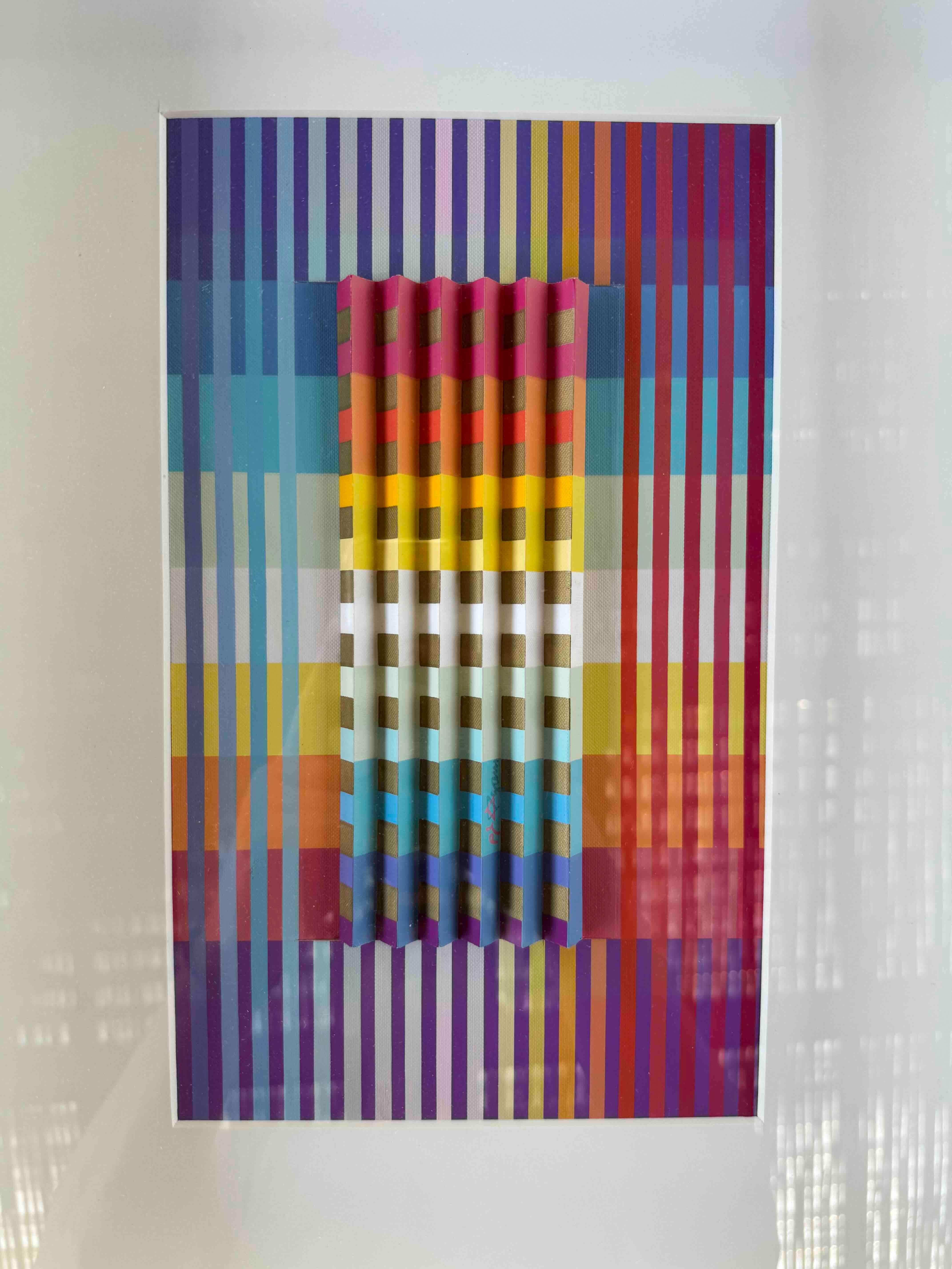 This unique Agam art work is a preparation for the famous Torah book cover Agam published in 1992.
It comes from a private collection of the famous Israeli artist Yitzhak Frenkel Frenel who was Agam's friend.
The works is 30X20 cm and in the middle