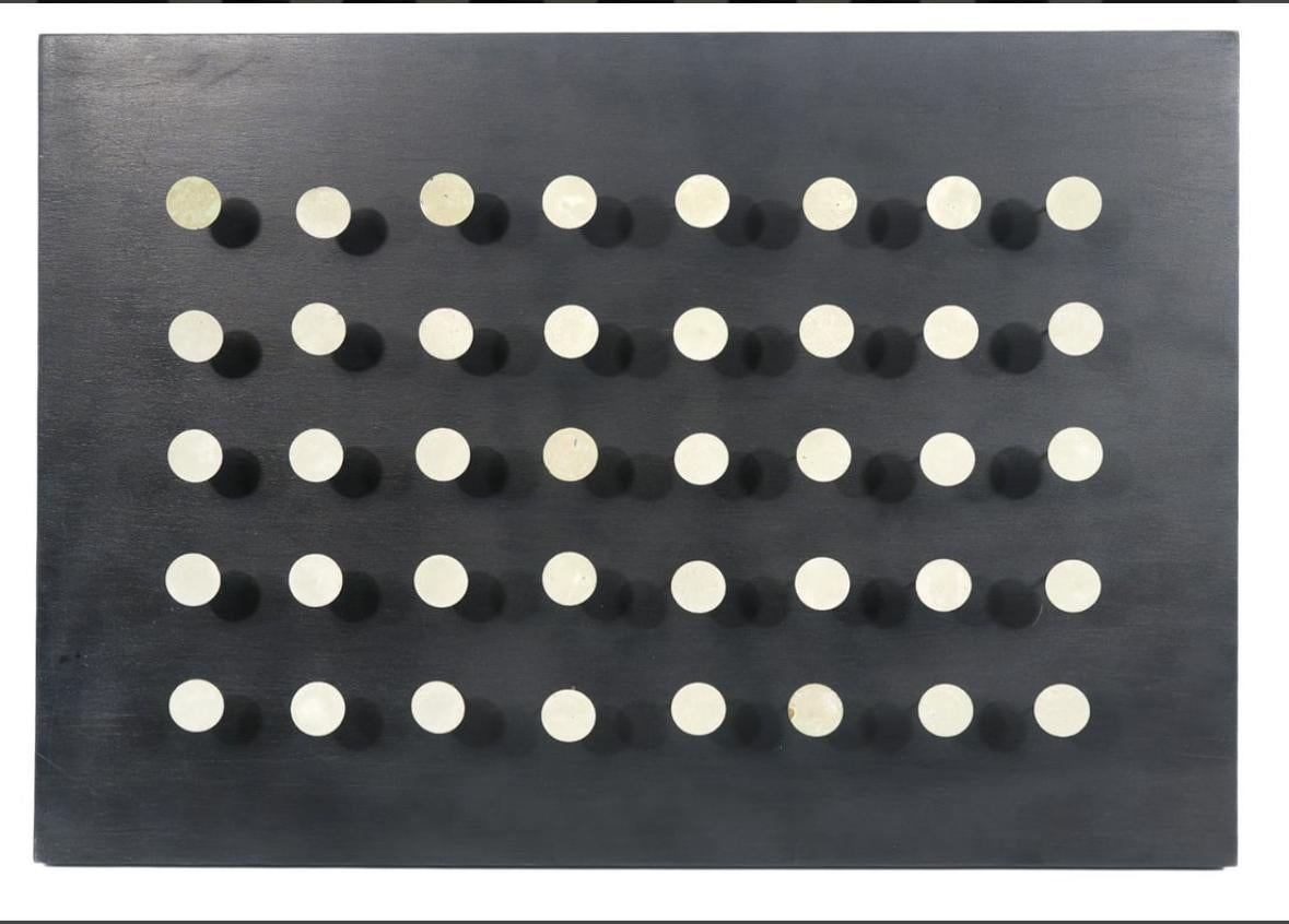 Abstract Painting Yaacov Agam - Tactile Bleu (Huile sur panneau avec ressorts et 40 disques métalliques peints)