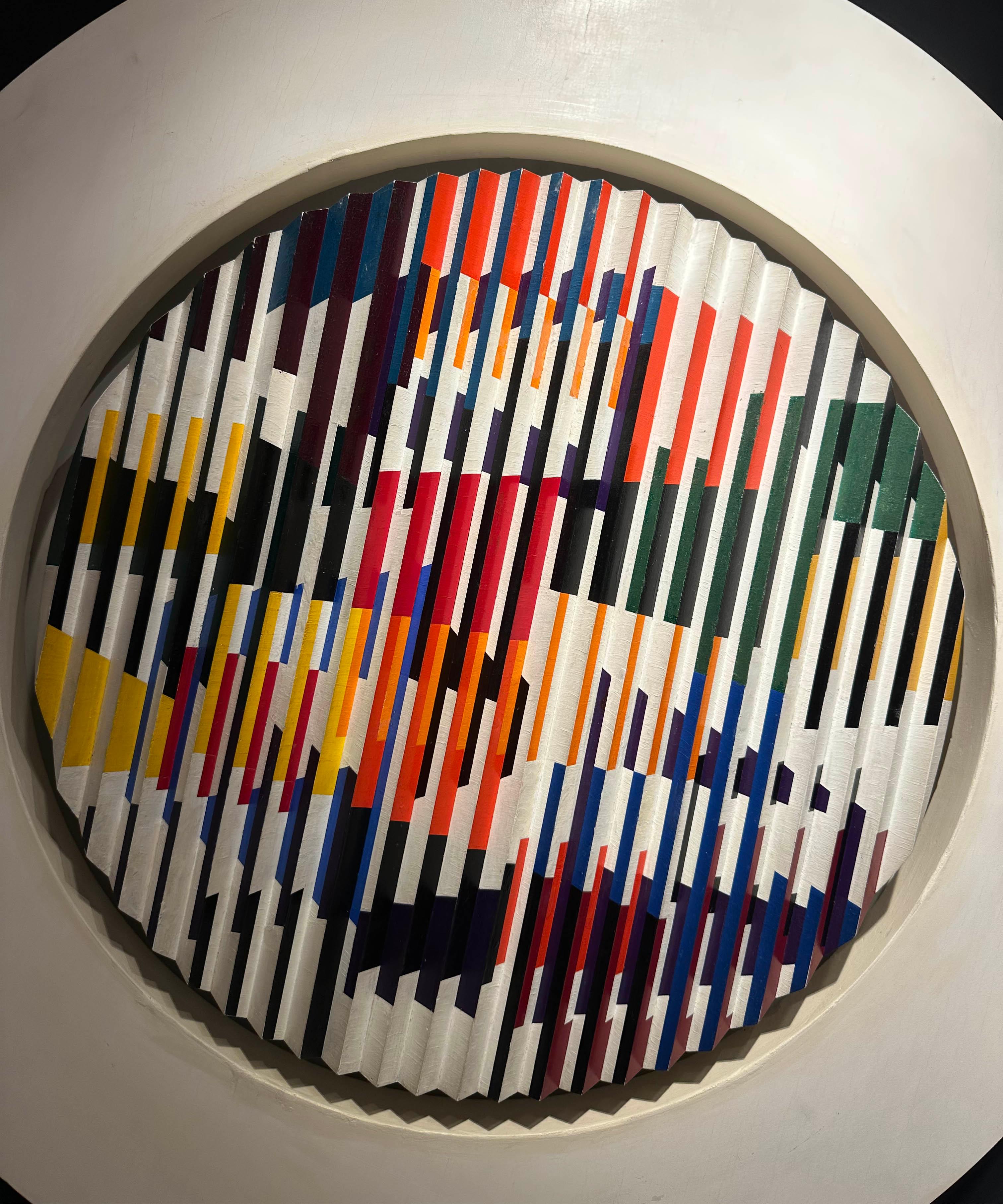 Colorful Kinetic original oil on wood round painting by Yaacov Agam For Sale 1