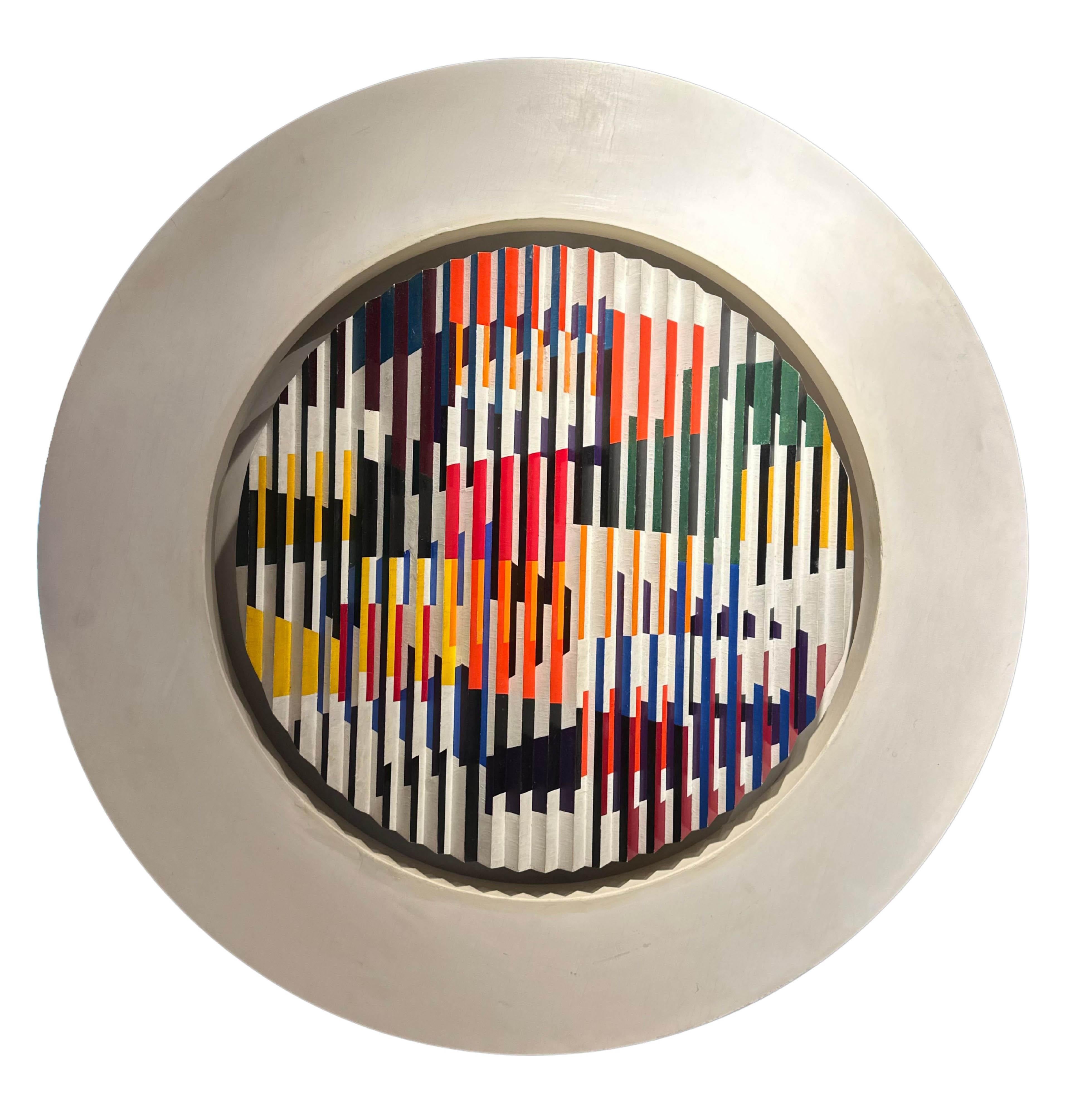 Colorful Kinetic original oil on wood round painting by Yaacov Agam For Sale 2