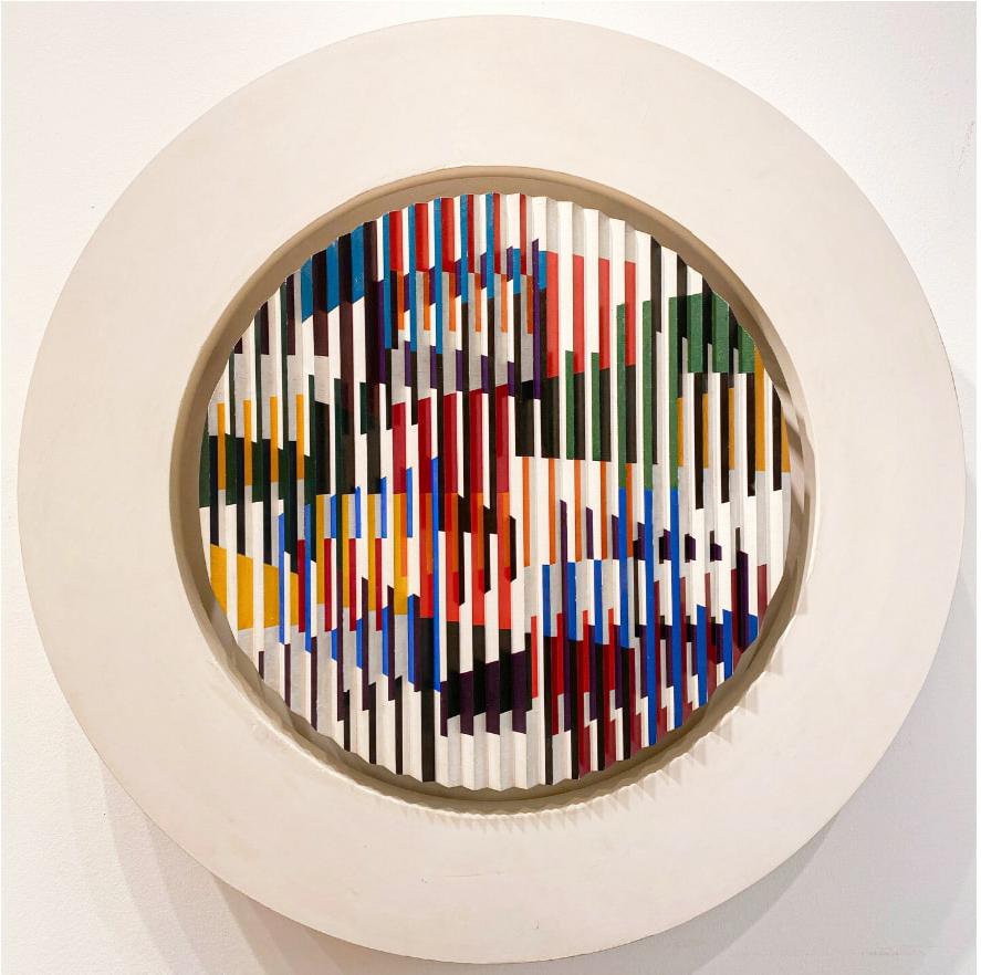 This mesmerizing kinetic piece by Yaacov Agam exemplifies his pioneering approach to visual perception and movement.  the work is constructed with a dynamic, circular structure that invites interaction and transformation. As the viewer shifts