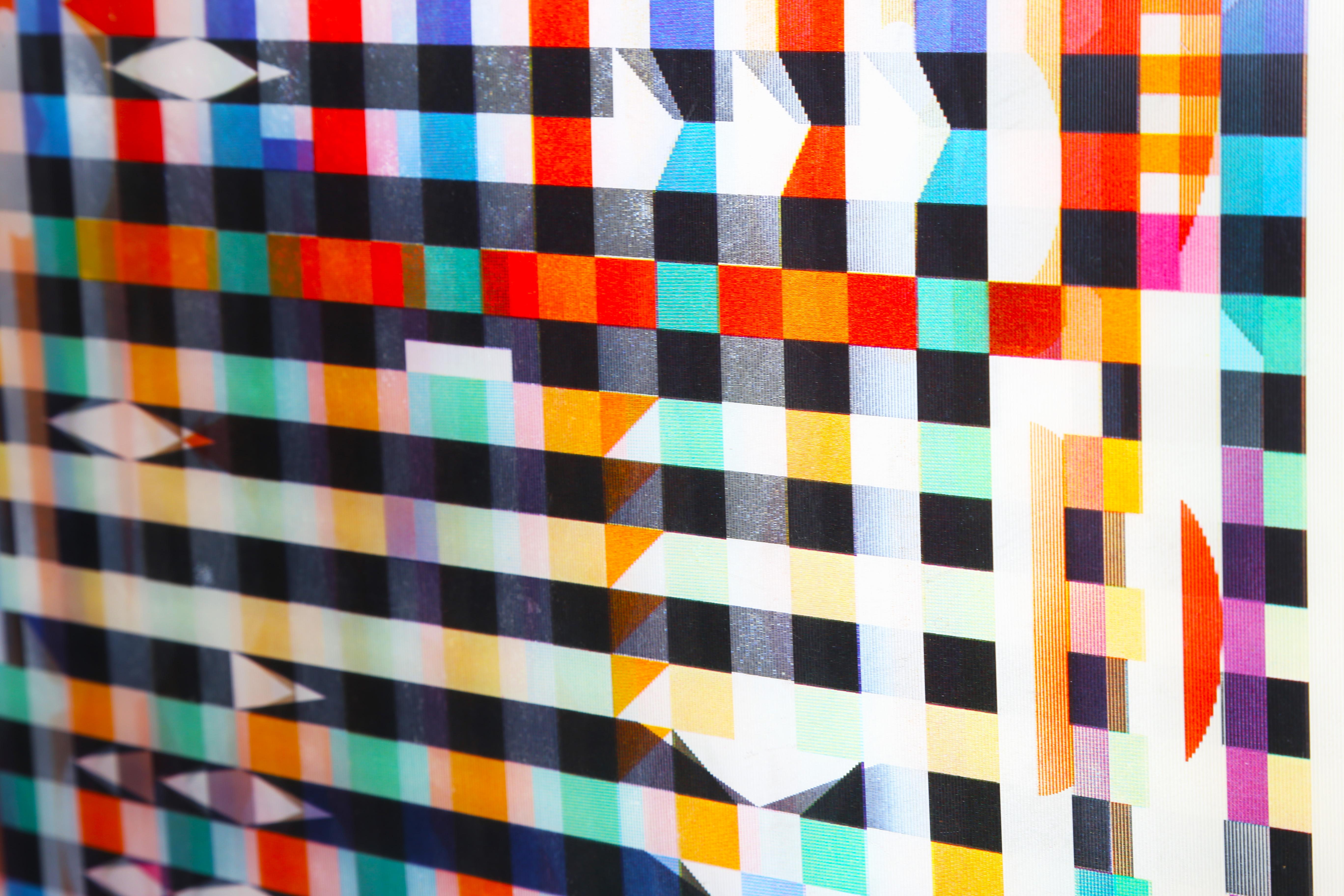 The Agamograph is Agam’s unique contribution to the OP Art movement. The object is a print behind a lenticular surface that fools the eye to show movement and three-dimensional depth. The work is hand-signed and numbered in marker by the artist.