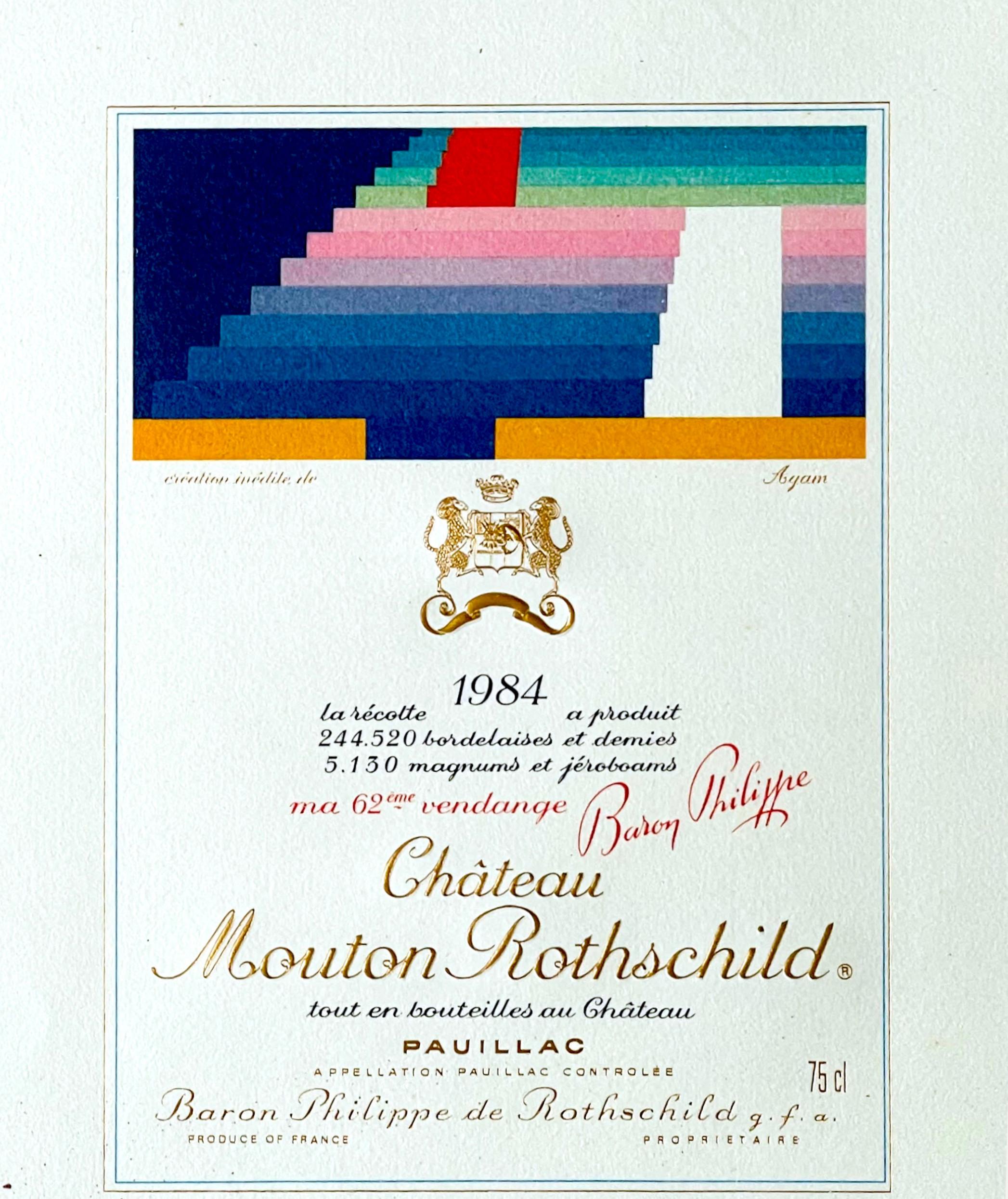 Yaacov Agam
Étiquette du Château Mouton Rothschild (signée à la main), 1984
Lithographie offset (signée par Yaacov Agam)
Signé à la main deux fois en noir et rouge par l'artiste au recto.
Cadre inclus : maintenu dans le cadre d'époque en métal