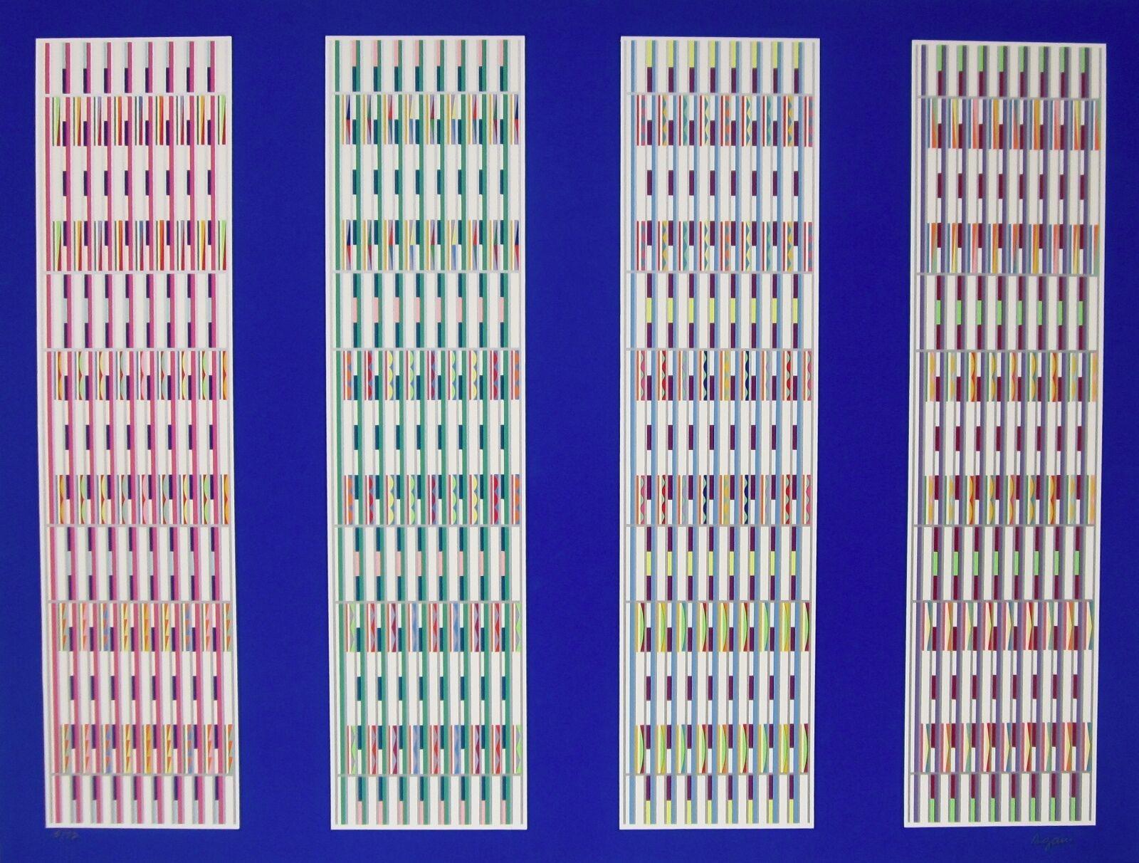 Artist: Yaakov Agam (1928)
Title: Five Visual Orchestrations
Year: 1990
Medium: Silkscreen on Arches paper
Edition: 12/72, plus proofs
Size: 30.25 x 42 inches
Condition: Good
Inscription: Signed and numbered by the artist.
Notes: Published by