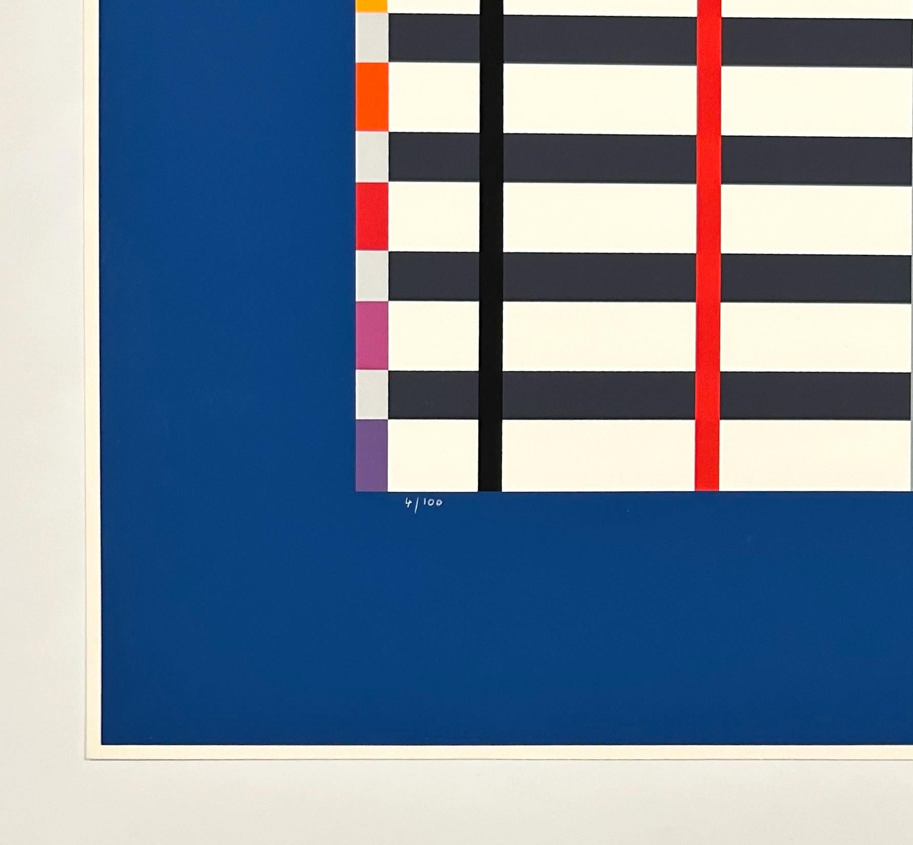 Artist: Yaacov Agam
Title: Hommage to Mondrian (Dark Blue)
Medium: Screenprint in colors 
Year: 1976
Edition: 4/100
Sheet Size: 26 1/2