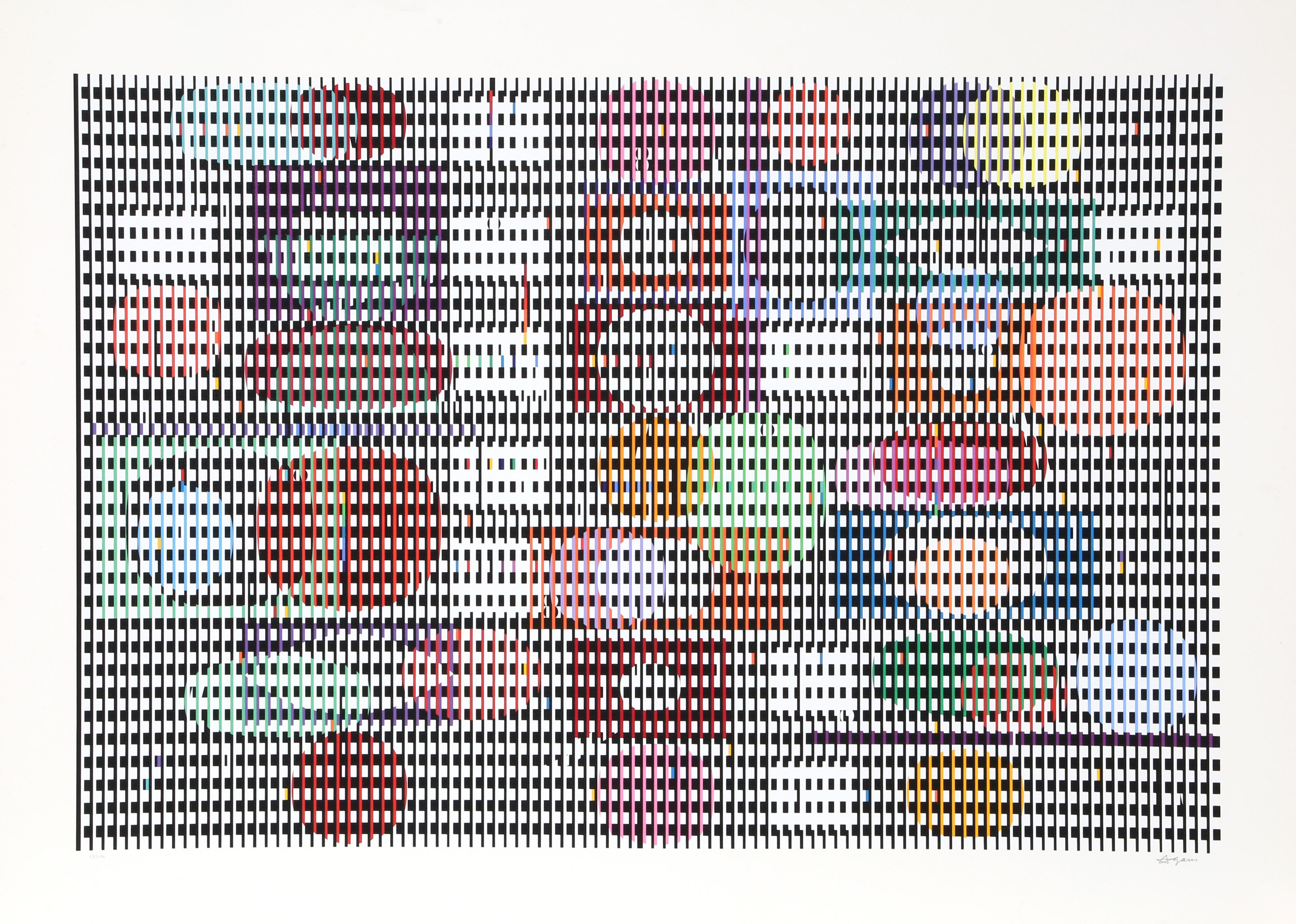 Artist: Yaacov Agam, Israeli (1928 - )
Title: I from Double Metamorphosis Series
Year: 1980
Medium: Screenprint on Arches, signed and numbered in pencil
Edition: 180
Image Size: 27.5 x 42 inches
Size: 35 x 49 in. (88.9 x 124.46 cm)
Frame: 37.5 x