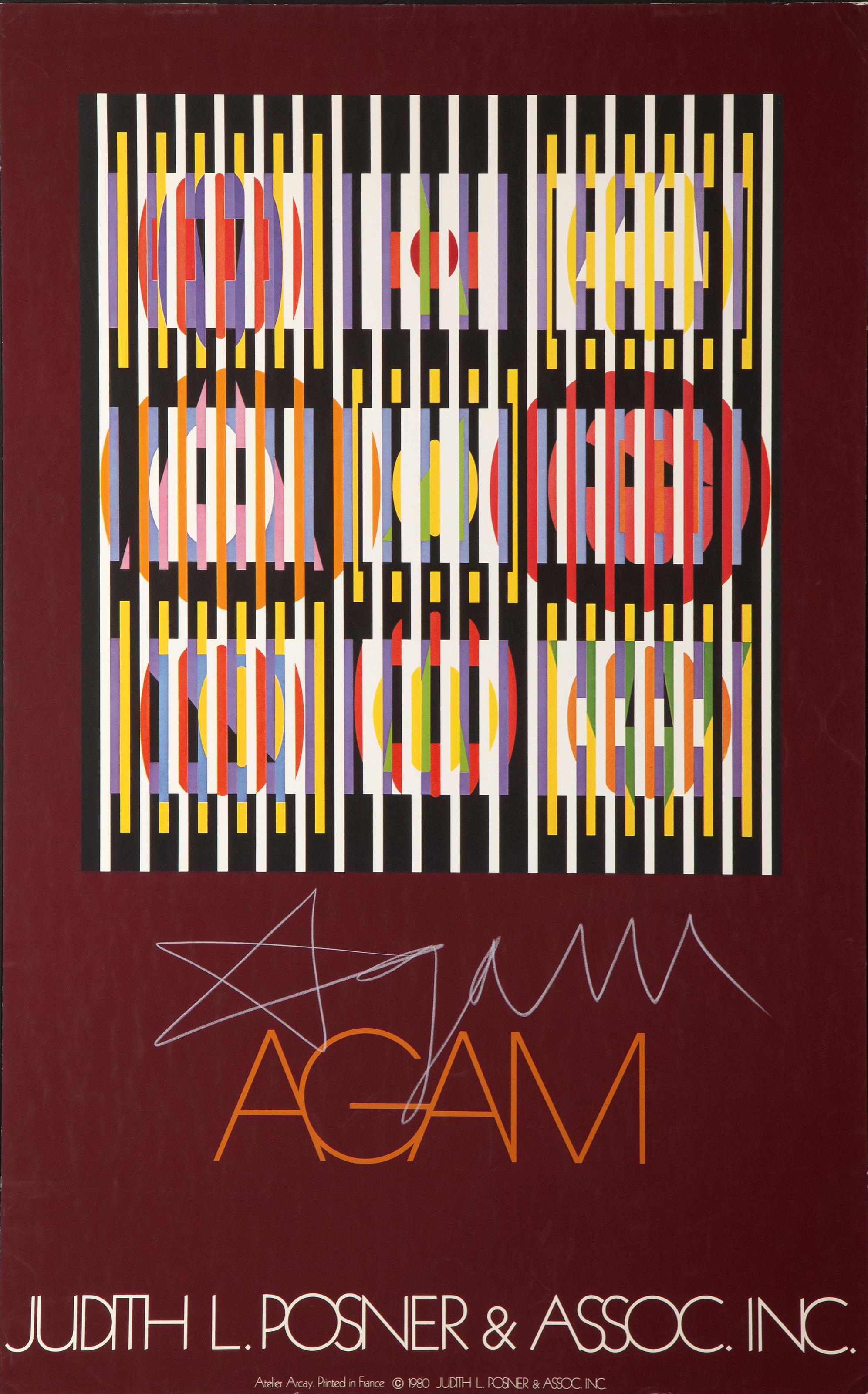 Poster de Judith L.A. et de l'Association
Yaacov Agam, Israélien (1928)
Date : 1980
Poster sérigraphié, signature unique au crayon de couleur
Taille : 38 x 23.75 in. (96.52 x 60.33 cm)