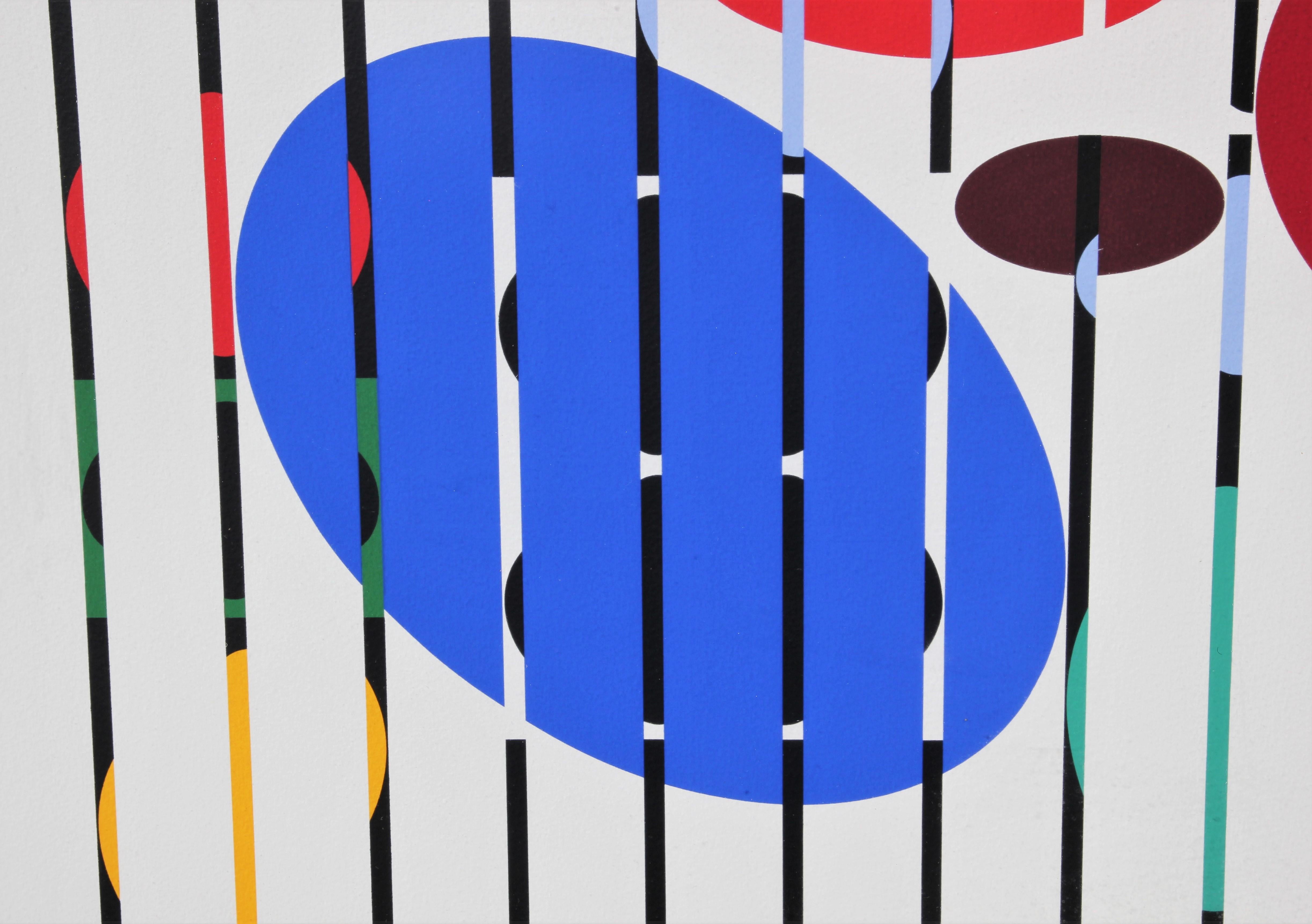 Large abstract geometric op art lithograph by Israeli sculptor and experimental artist Yaacov Agam. Brightly colored lithograph featuring red, orange, blue, and brown circular shapes against a white background appearing to be over a cluster of