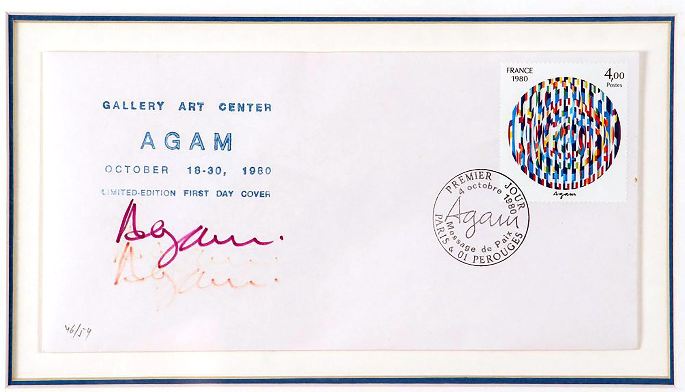 Yaacov Agam
"Life", (Hand Signed and numbered), 1980
Hand Signed, Stamped Gallery Art Center Envelope with French postage stamp & numbered
Triple signature "Agam" and number 46/54 on the front
Frame Included: floated in original vintage frame
This
