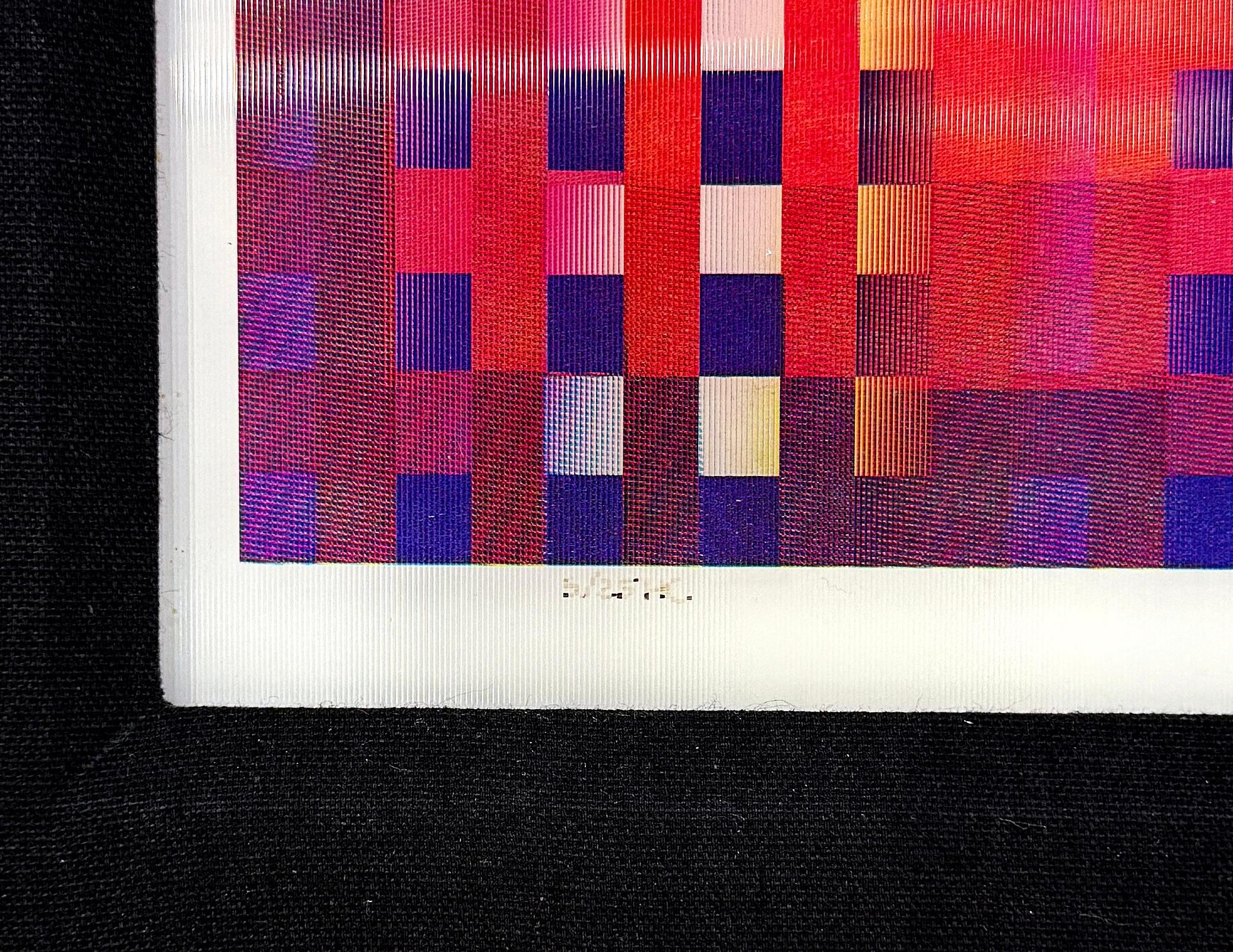 Agamógrafo (lenticular 3D).  De la Suite Sinfónica.  Firmado a mano en la parte inferior derecha por Yaacov Agam.  Numerado a mano 5/25 HC abajo a la izquierda.  Tamaño de la obra 14,25 x 14 pulgadas.  Enmarcado a medida como en la foto.  Tamaño del
